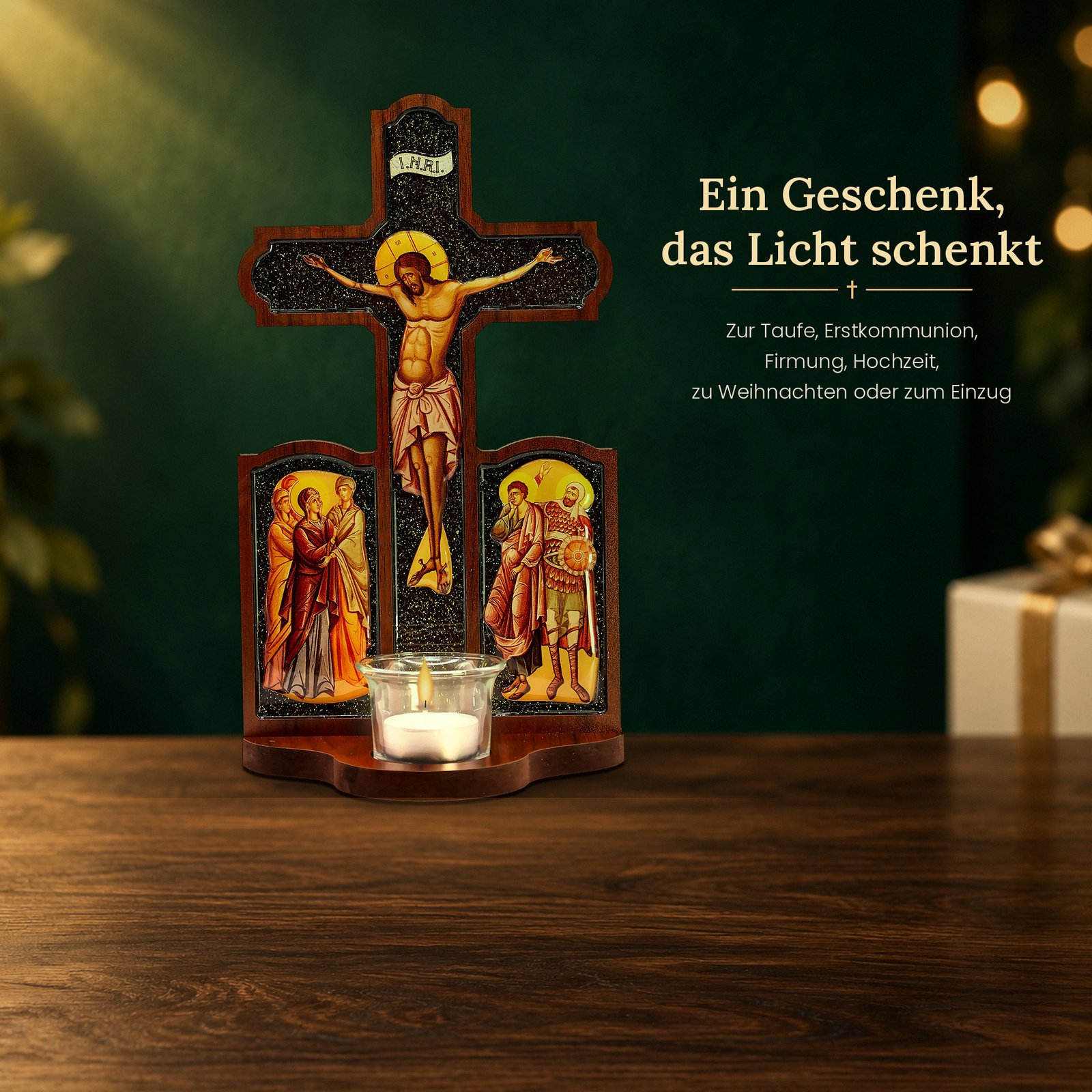 Kruzifix aus Holz mit Ikonen – Standkreuz mit Teelichtglas für Hausaltar und Gebetsecke 7 Kruzifix mit Ikonen und Teelicht als Geschenk zur Taufe, Erstkommunion, Firmung oder zu Weihnachten