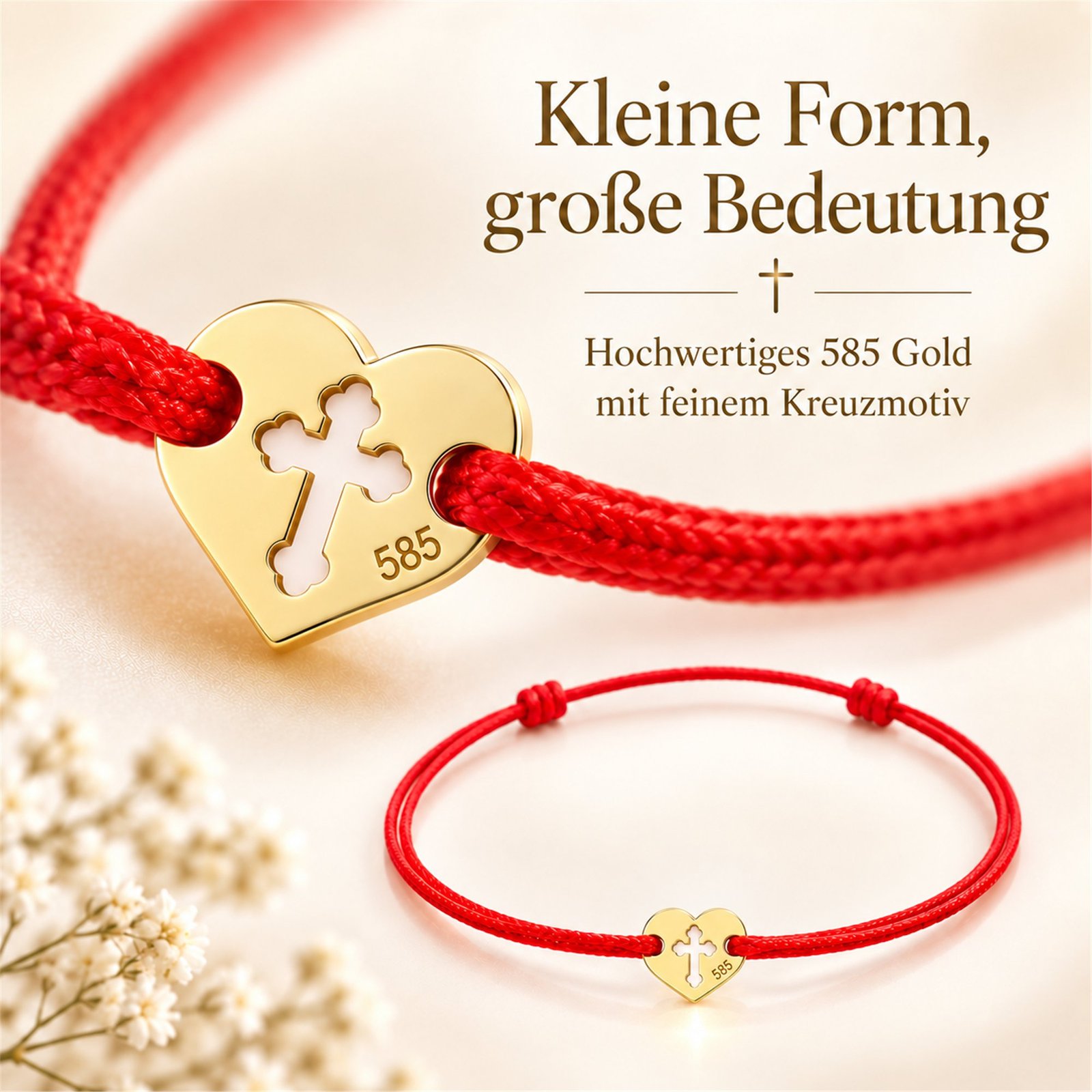 Produktdetails des Babyarmbands aus Gold 585 mit Herz und Kreuz am roten Band