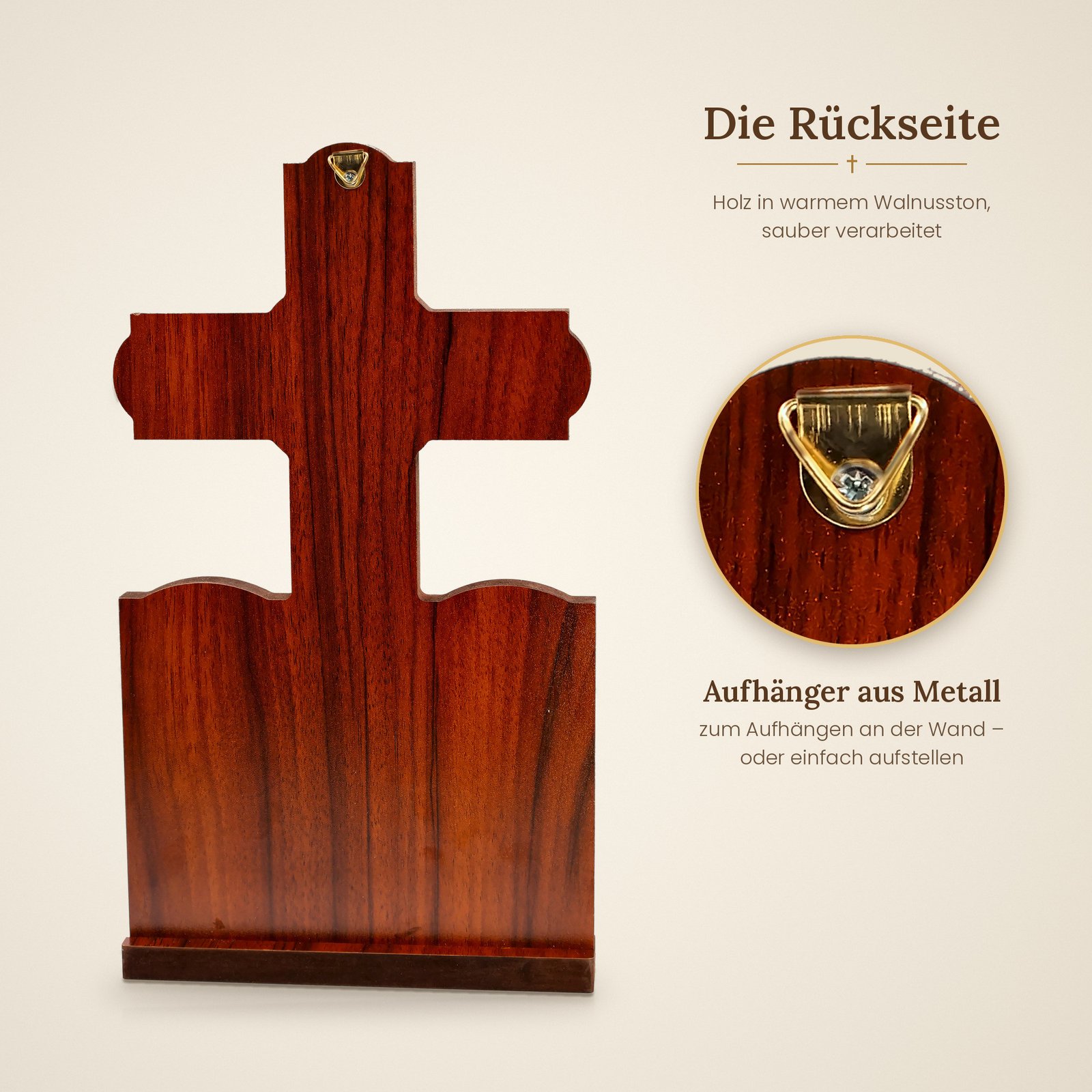 Kruzifix aus Holz mit Ikonen – Standkreuz mit Teelichtglas für Hausaltar und Gebetsecke 9 Rückseite des Holzkruzifixes in Walnusston mit Aufhänger aus Metall zum Aufhängen an der Wand