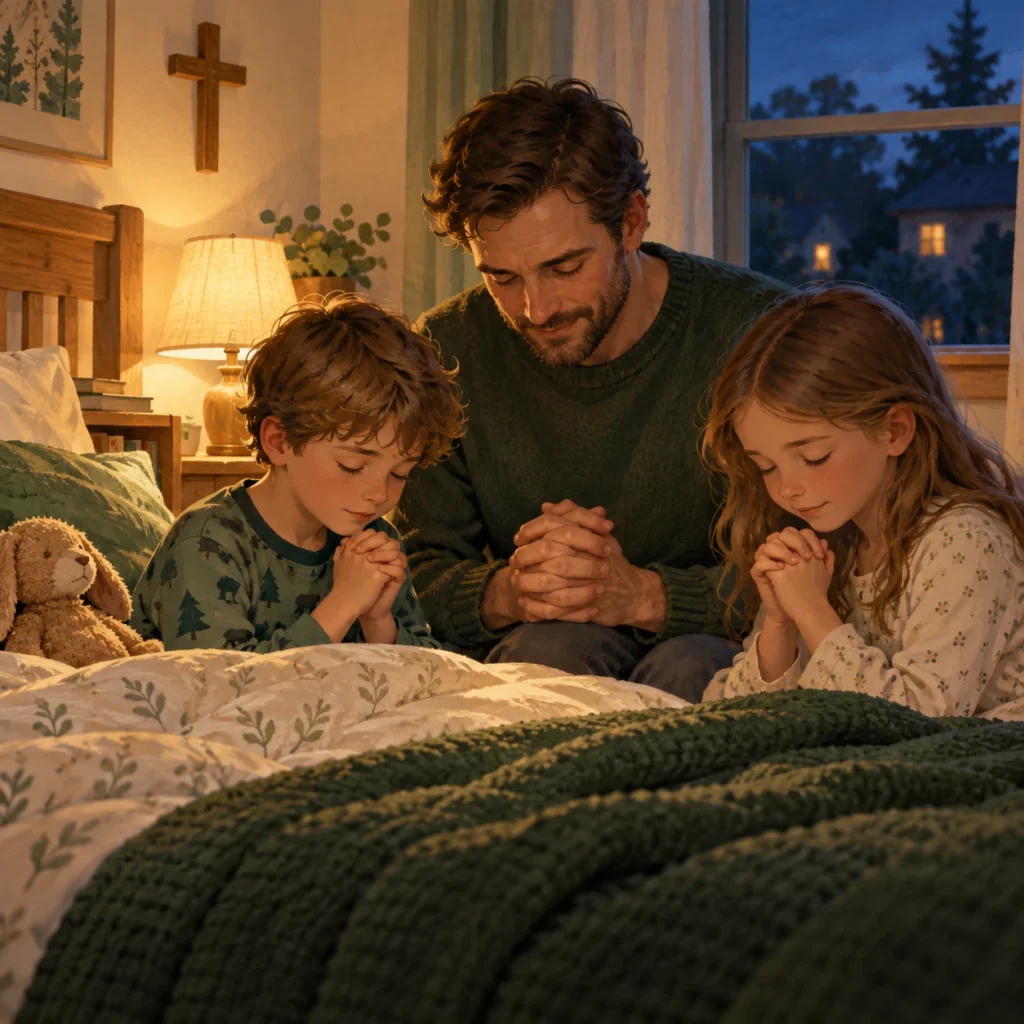 Illustration: Ein Vater betet mit zwei Kindern am Bett; eine Lampe und ein Holzkreuz sind im Hintergrund zu sehen.