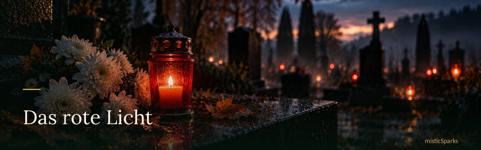 Allerheiligen und Allerseelen – zwei Tage, zwei Bedeutungen 2 Brennendes rotes Grablicht mit weissen Chrysanthemen auf einer Grabplatte in der Daemmerung