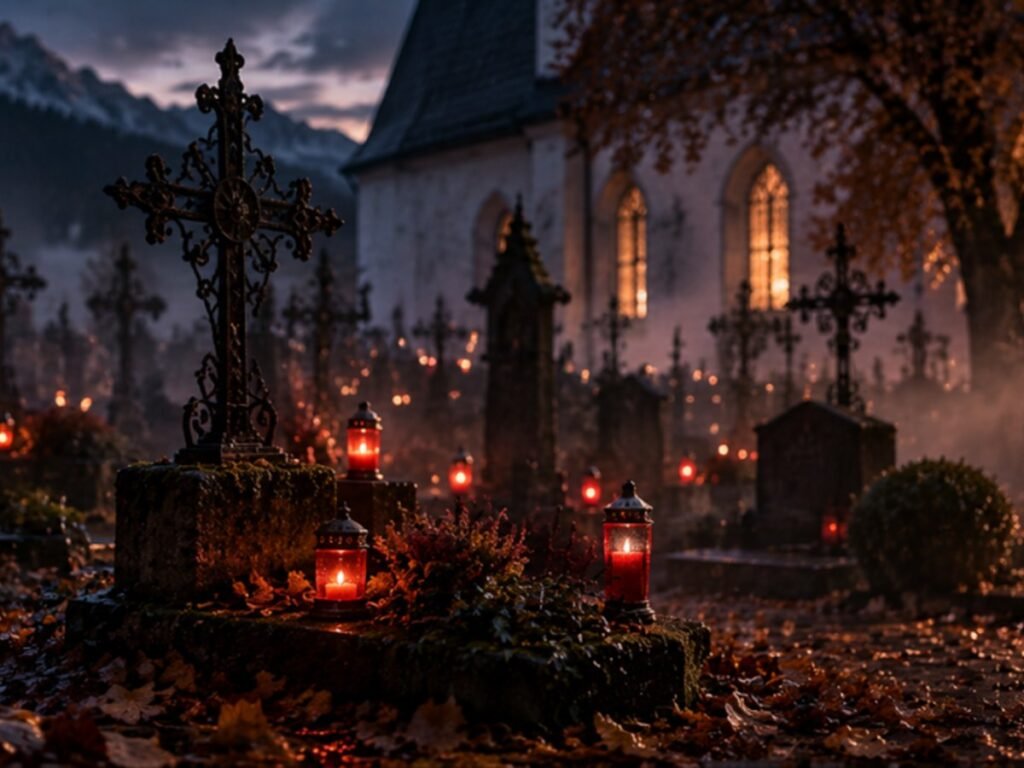 Bayerischer Dorffriedhof an einem Novemberabend mit vielen brennenden roten Grablichtern