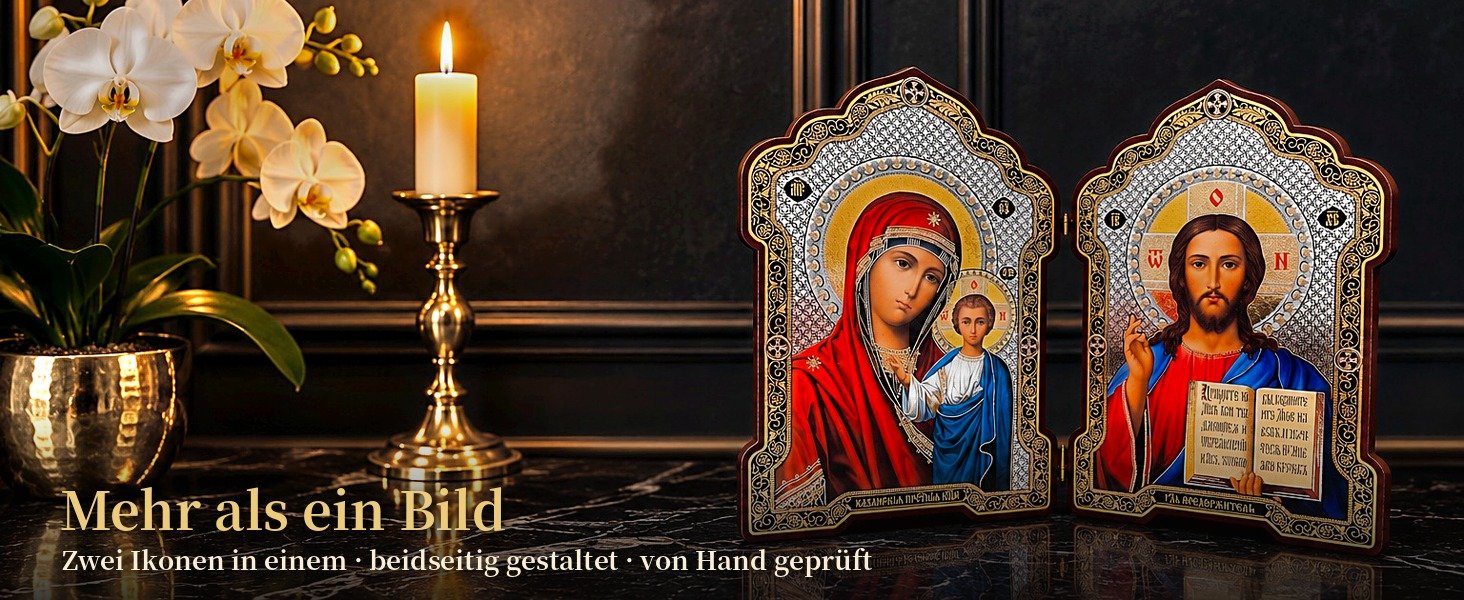 Klappikone aus Holz – Gottesmutter von Kasan & Christus Pantokrator – Ikonen-Diptychon zum Aufstellen 27 Klappikone Kasan und Pantokrator auf schwarzem Marmor mit Orchidee und Kerze – Mehr als ein Bild