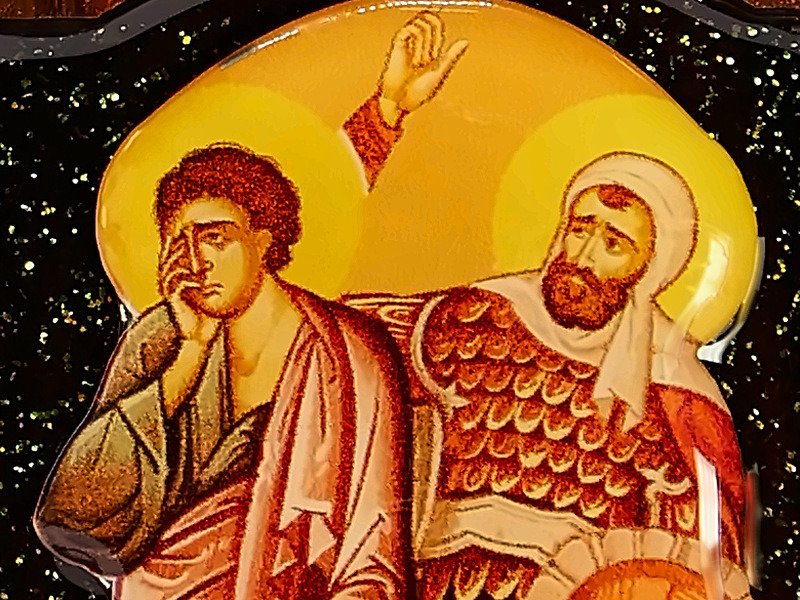 Kruzifix aus Holz mit Ikonen – Standkreuz mit Teelichtglas für Hausaltar und Gebetsecke 22 Rechte Seitentafel: der Apostel Johannes und der Hauptmann