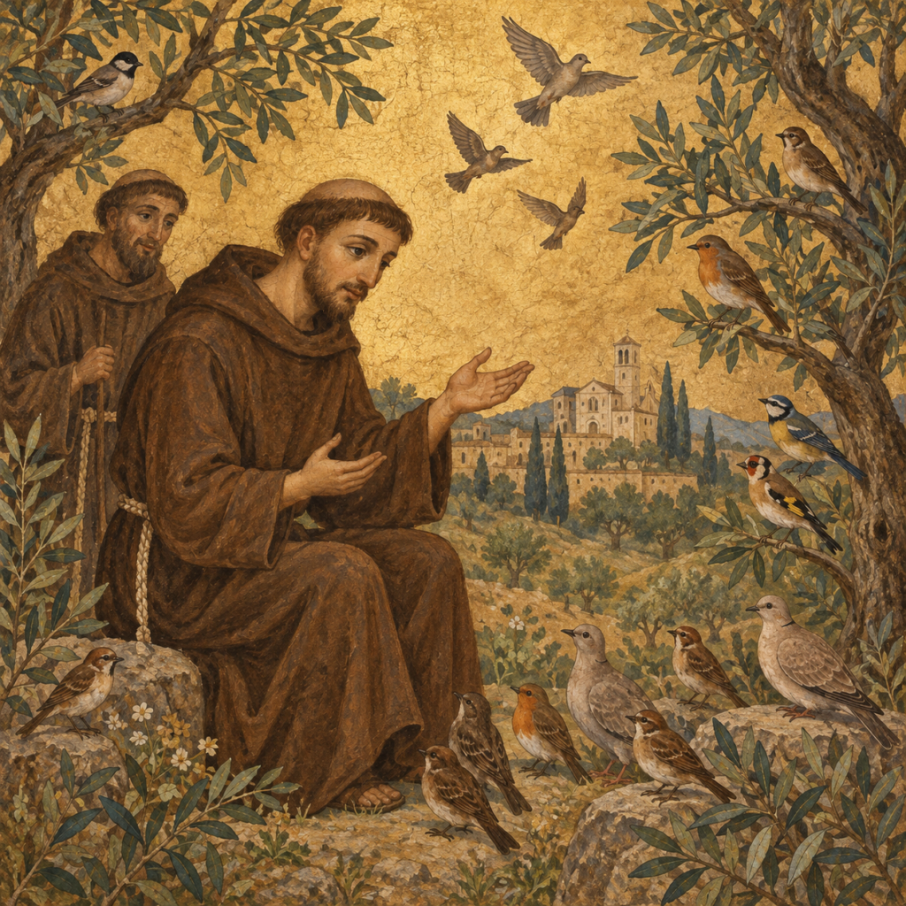 Illustration: Franz von Assisi spricht unter Olivenbäumen zu vielen Vögeln