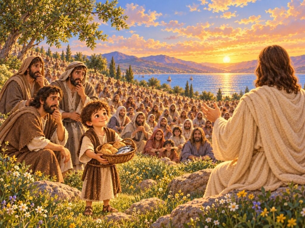 Startseite 25 Der Junge mit fünf Broten und zwei Fischen vor Jesus und der Menschenmenge am See Genezareth