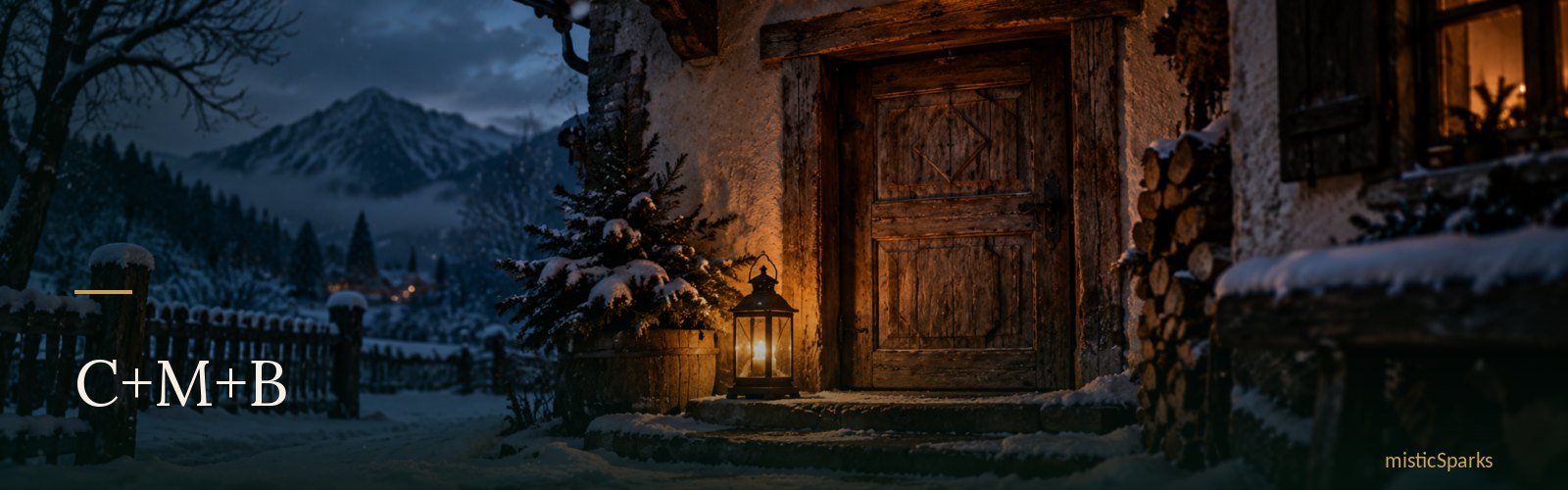 Alte Holzhaustuer eines bayerischen Bauernhauses im Winter mit brennender Laterne