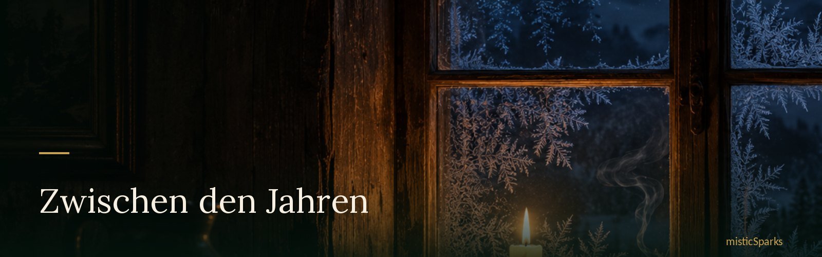 Sprossenfenster mit Eisblumen, brennende Kerze und aufsteigender Rauch in einer dunklen Stube