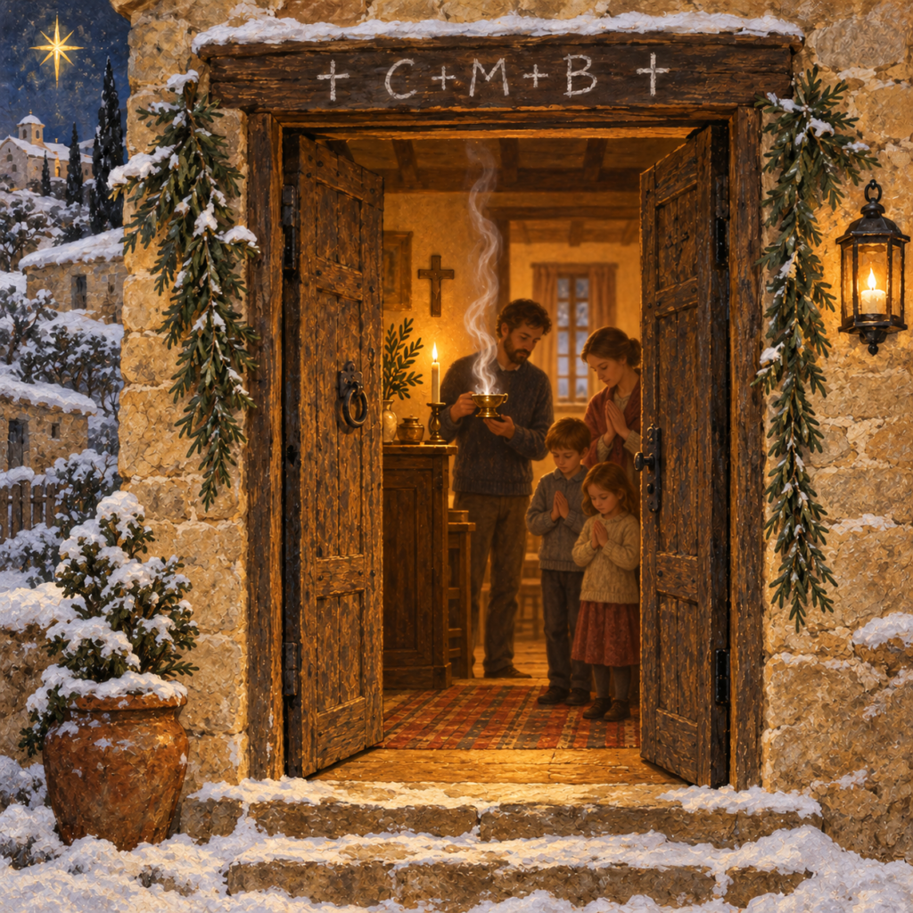 Illustration eines Haussegens: Familie betet mit Weihrauch vor einer Wintertür mit dem Zeichen C+M+B