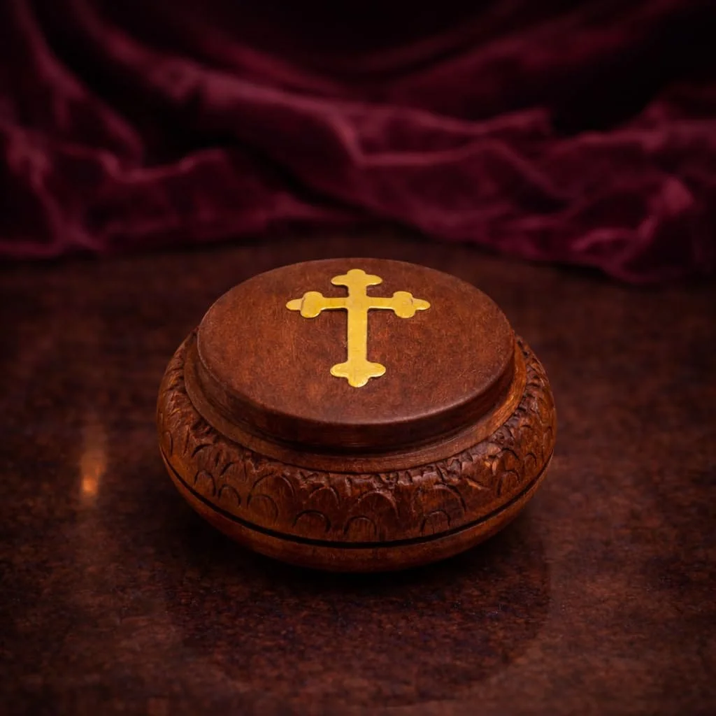 Geschlossene runde Weihrauch-Holzbox mit goldenem Kreuz auf dem Deckel vor dunkelrotem Stoff
