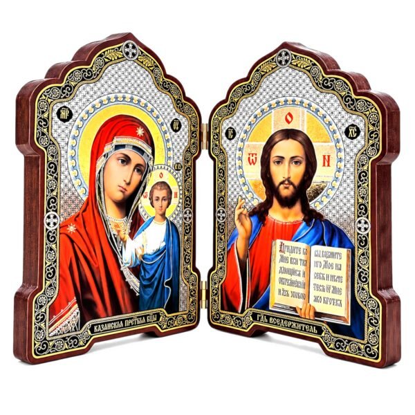 Klappikone aus Holz – Gottesmutter von Kasan und Christus Pantokrator, aufgeklappt