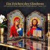 Klappikone aus Holz – Gottesmutter von Kasan & Christus Pantokrator – Ikonen-Diptychon zum Aufstellen 10 Klappikone Kasan und Pantokrator auf schwarzem Marmor mit Kerze – Ein Zeichen des Glaubens
