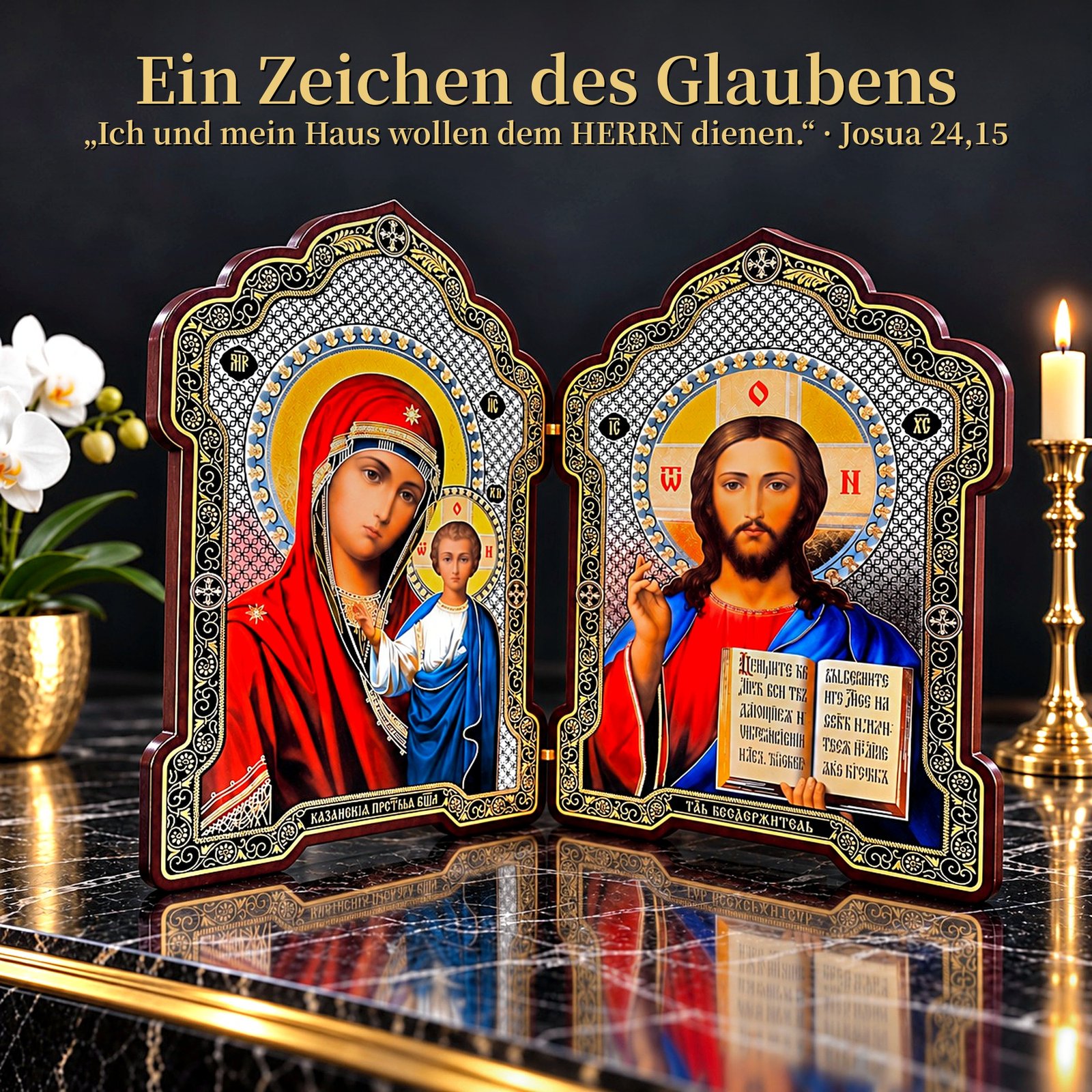 Klappikone aus Holz – Gottesmutter von Kasan & Christus Pantokrator – Ikonen-Diptychon zum Aufstellen 28 Klappikone Kasan und Pantokrator auf schwarzem Marmor