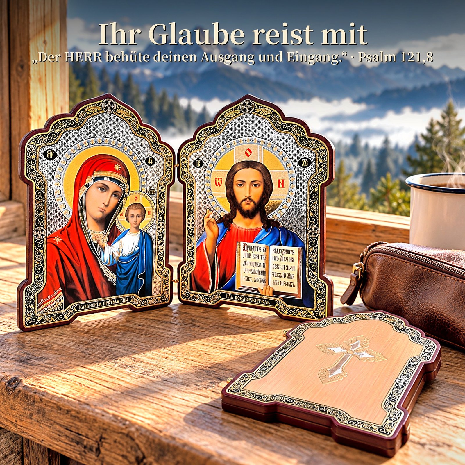 Klappikone aus Holz – Gottesmutter von Kasan & Christus Pantokrator – Ikonen-Diptychon zum Aufstellen 20 Reiseikone zum Aufklappen am Fenster einer Berghütte