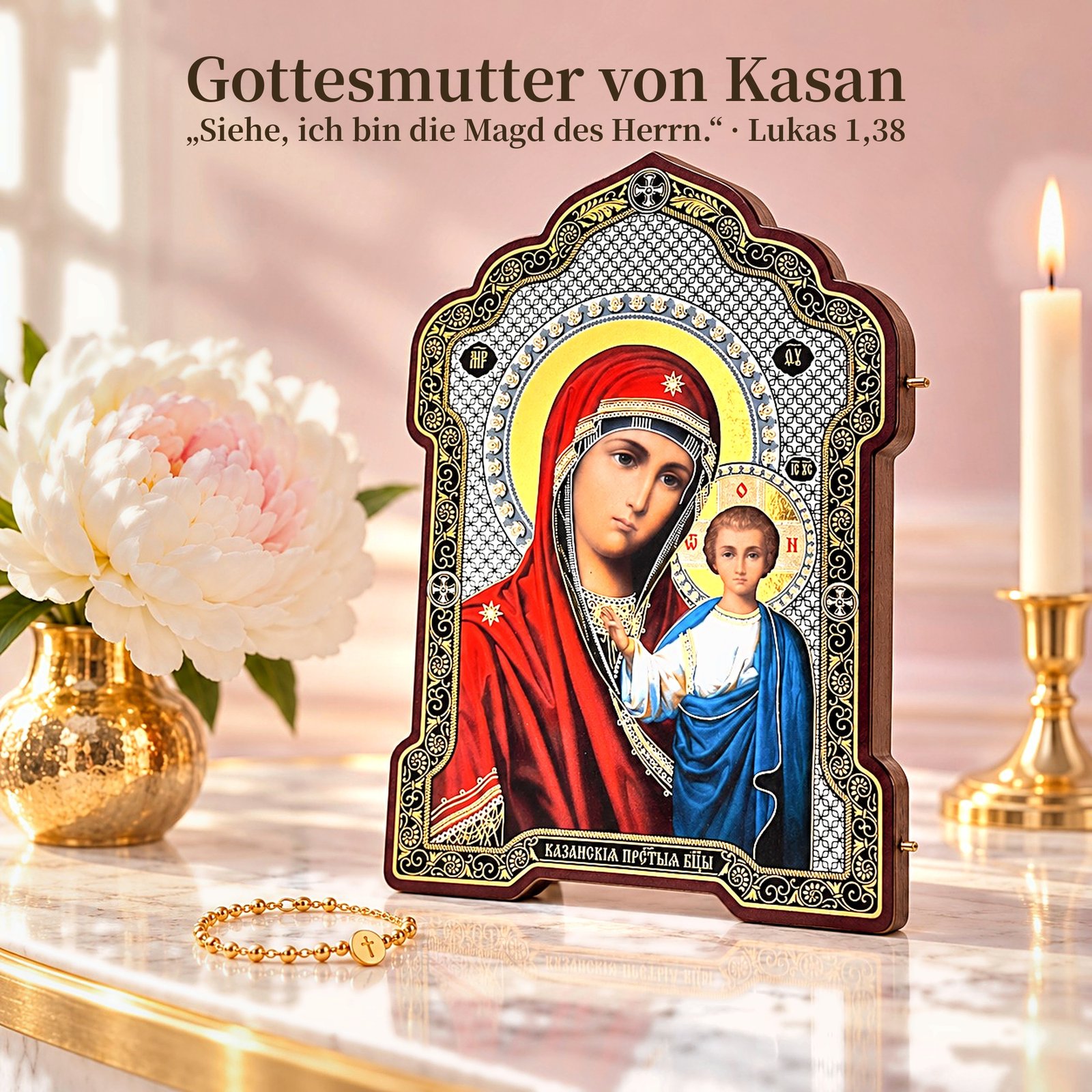 Klappikone aus Holz – Gottesmutter von Kasan & Christus Pantokrator – Ikonen-Diptychon zum Aufstellen 18 Gottesmutter von Kasan Ikone