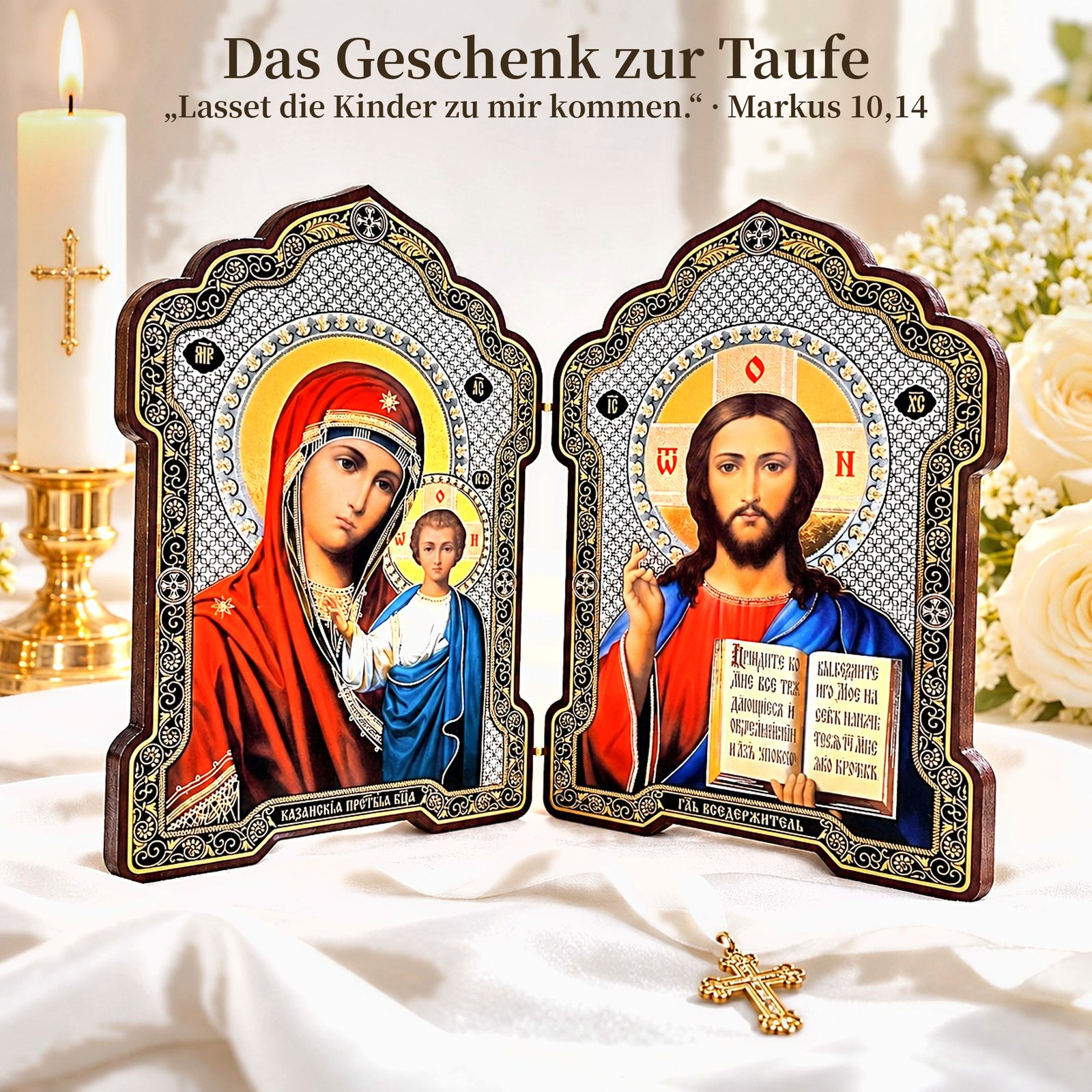 Klappikone aus Holz – Gottesmutter von Kasan & Christus Pantokrator – Ikonen-Diptychon zum Aufstellen 25 Klappikone als Taufgeschenk