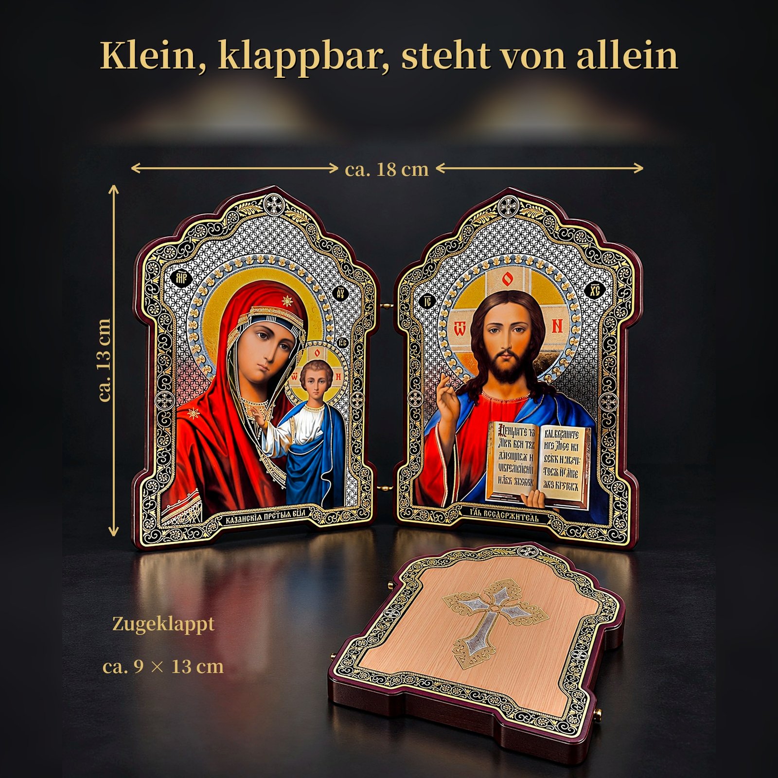 Klappikone aus Holz – Gottesmutter von Kasan & Christus Pantokrator – Ikonen-Diptychon zum Aufstellen 29 Maße der Klappikone