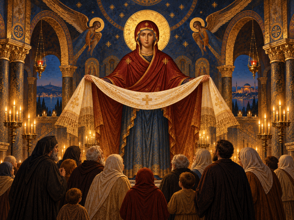 Startseite 27 Die Gottesmutter hält ihren Schutzschleier über Betende in einer byzantinischen Kirche, Ikonenillustration