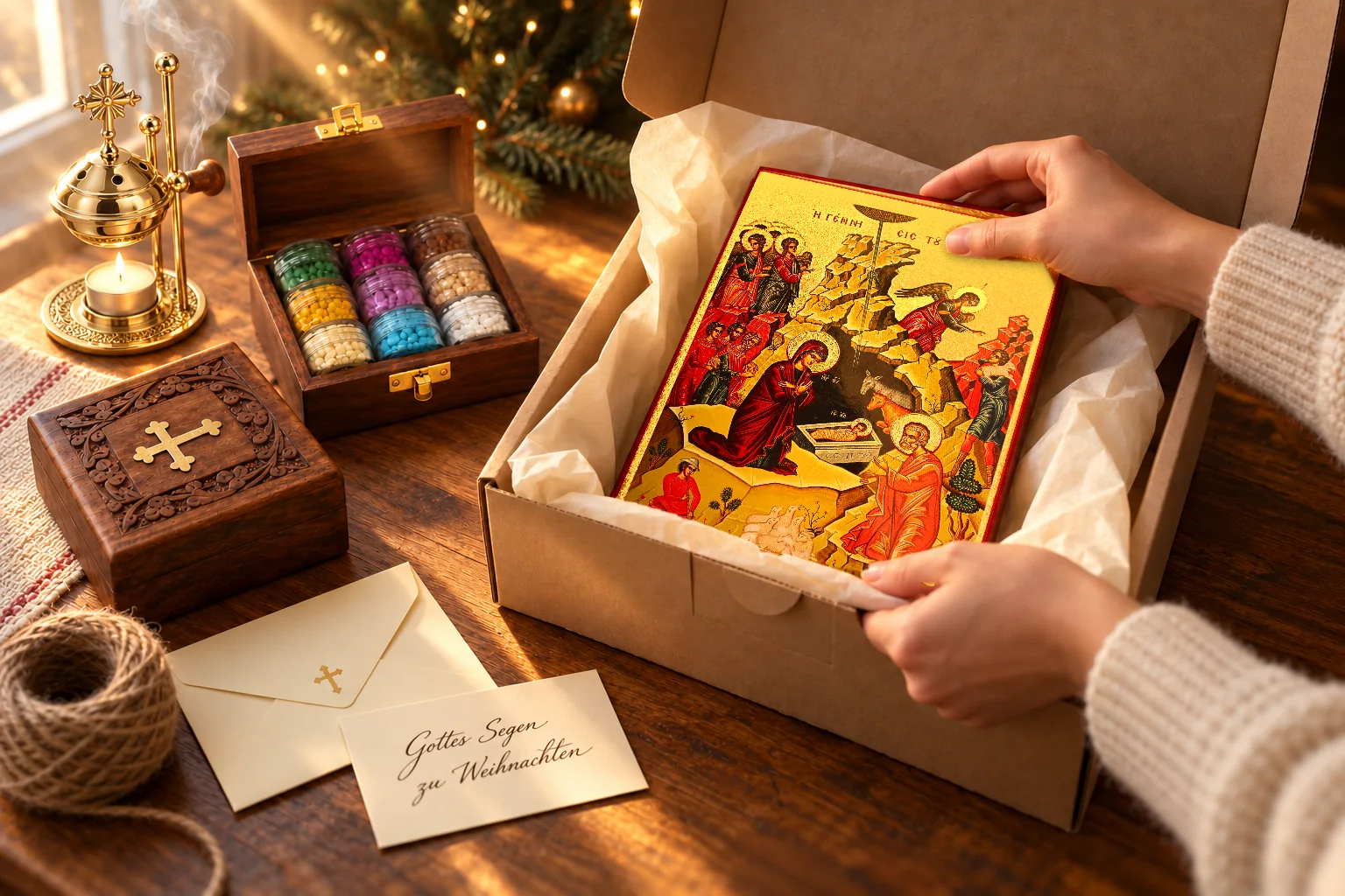 Bestellung wird liebevoll verpackt: Hände legen eine vergoldete Ikone der Geburt Christi in einen Versandkarton, daneben Weihrauch-Geschenkset und Weihrauchbrenner