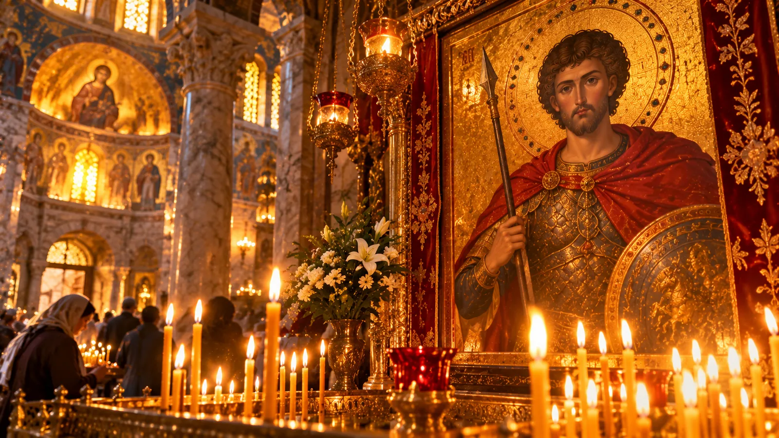 Demetrios von Thessaloniki: der Segen durch das Kerkergitter 4 Ikone des heiligen Demetrios in einer Kirche, umgeben von brennenden Kerzen