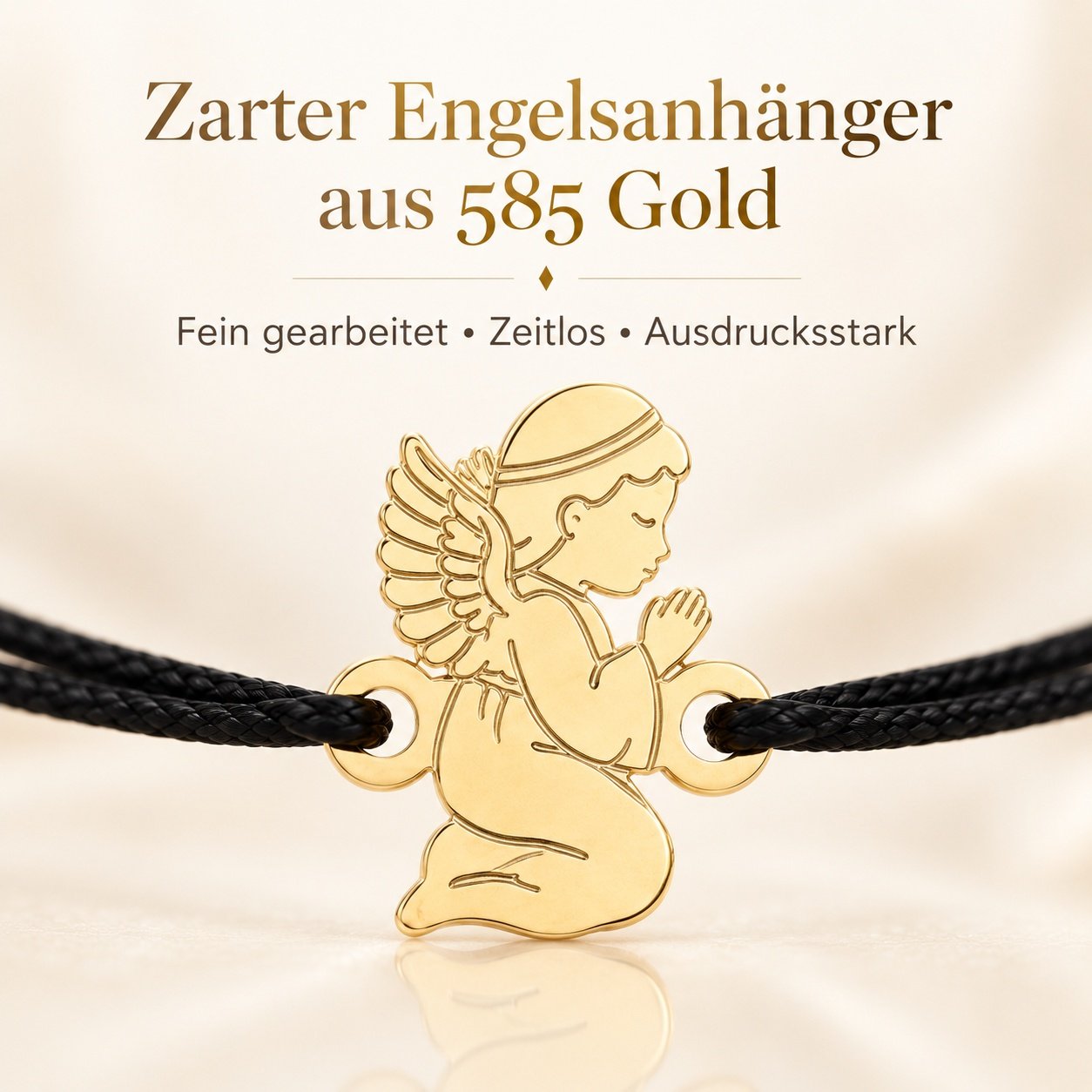 Zarter Engelsanhänger aus 14 Karat Gold am Kinderarmband mit schwarzer Kordel in Nahaufnahme
