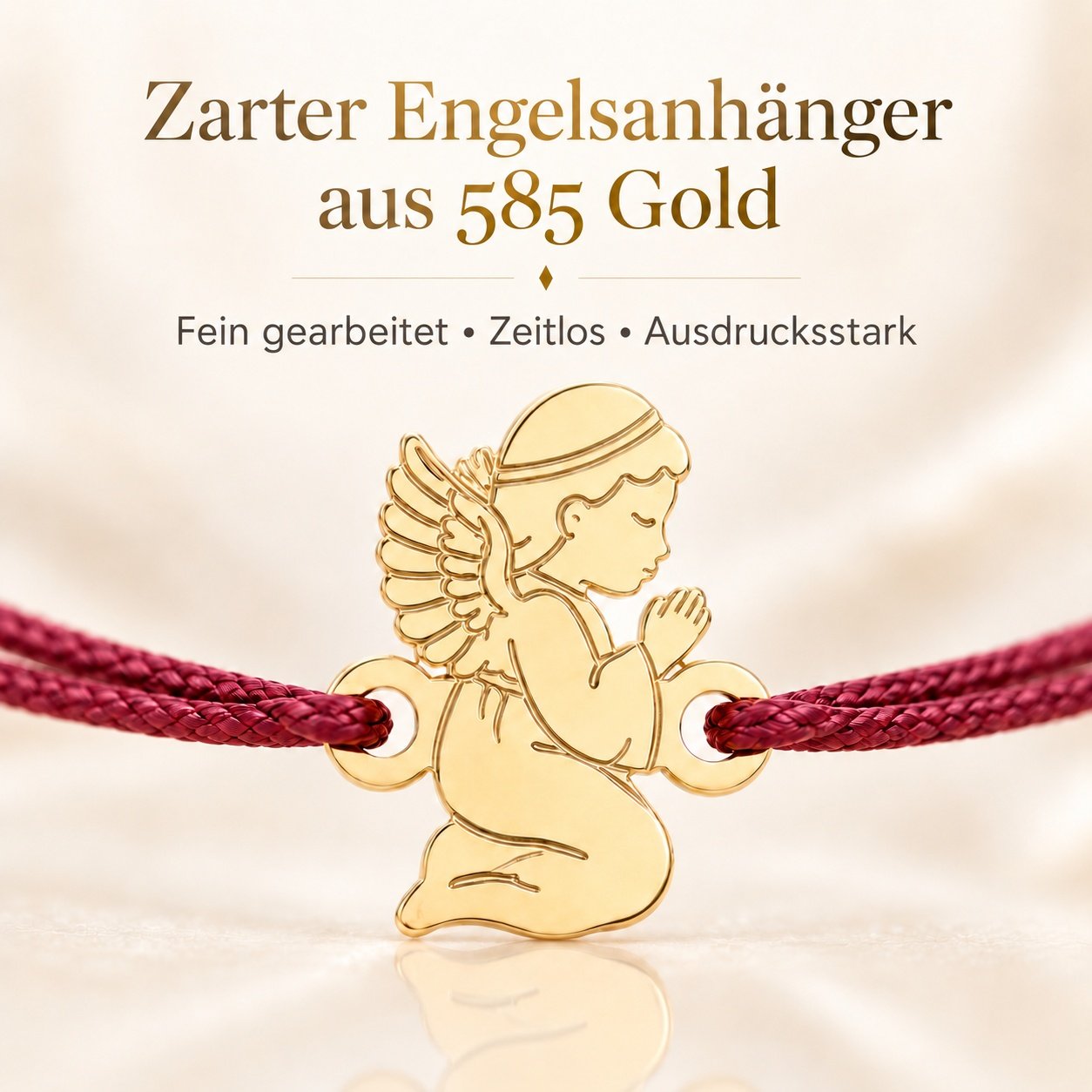 Zarter Engelsanhänger aus 14 Karat Gold am Kinderarmband mit weinroter Kordel in Nahaufnahme