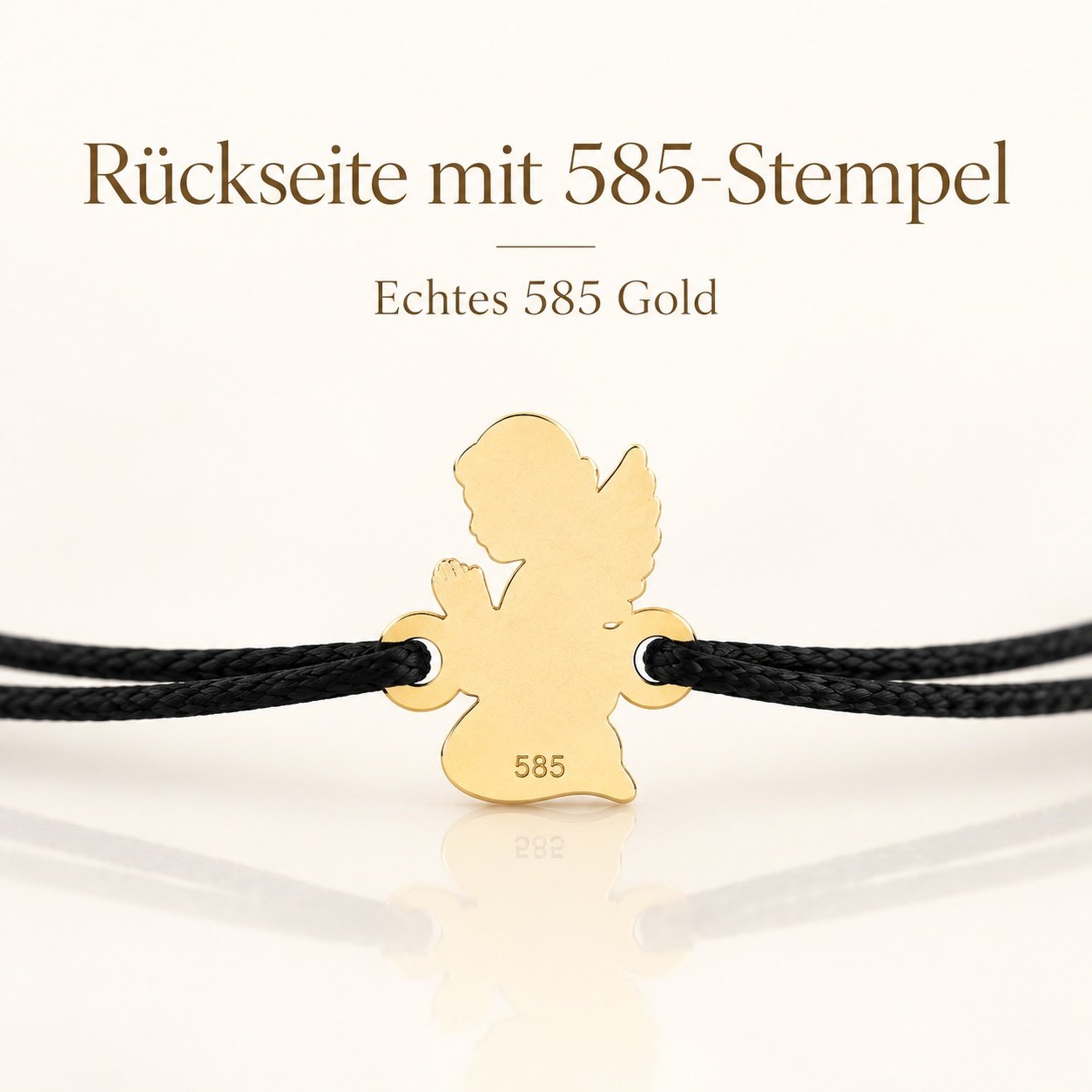 Rückseite des Engel-Anhängers mit 585-Stempel, echtes Gold, schwarze Kordel