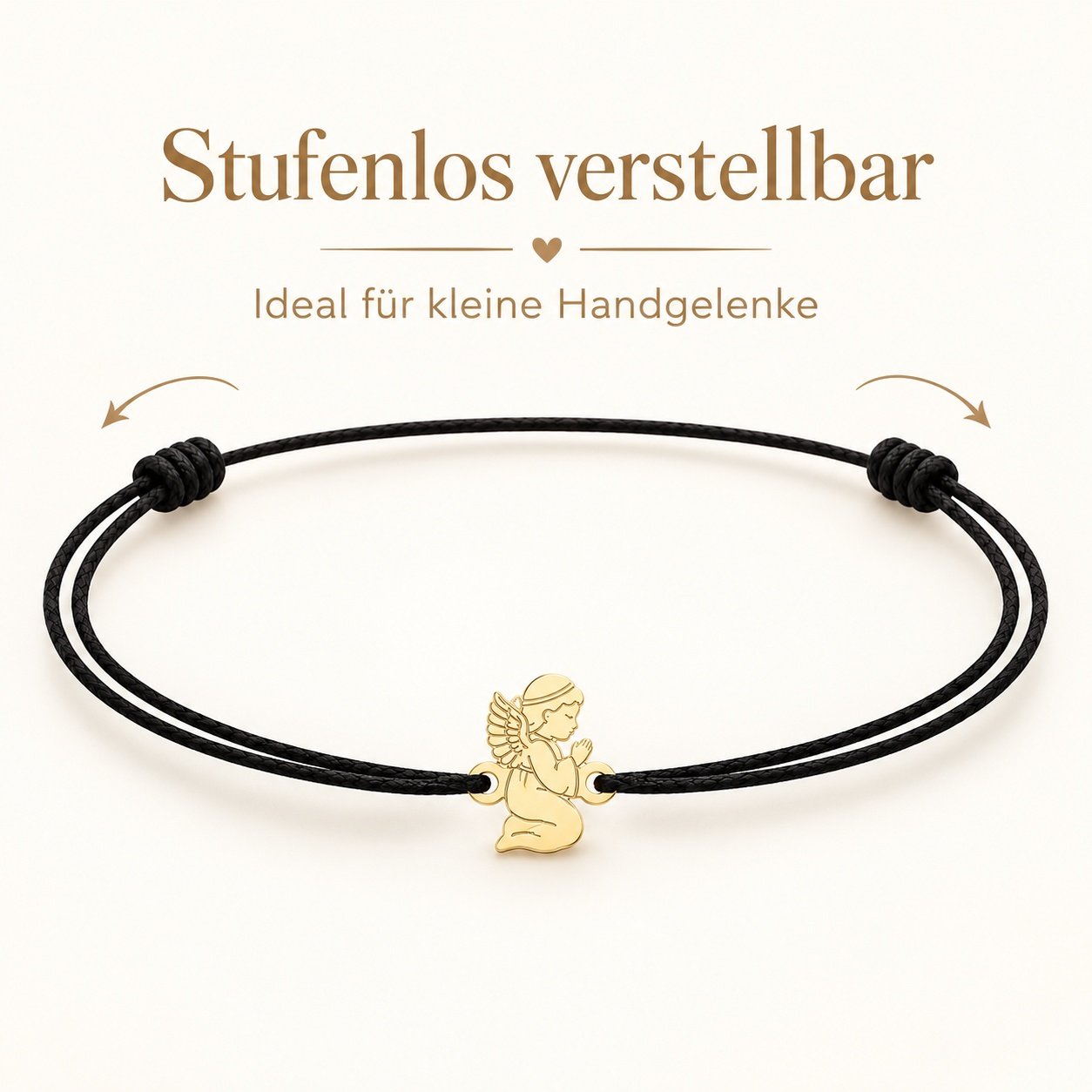 Kinderarmband mit Engel aus Gold, stufenlos verstellbar dank Schiebeknoten, schwarze Kordel