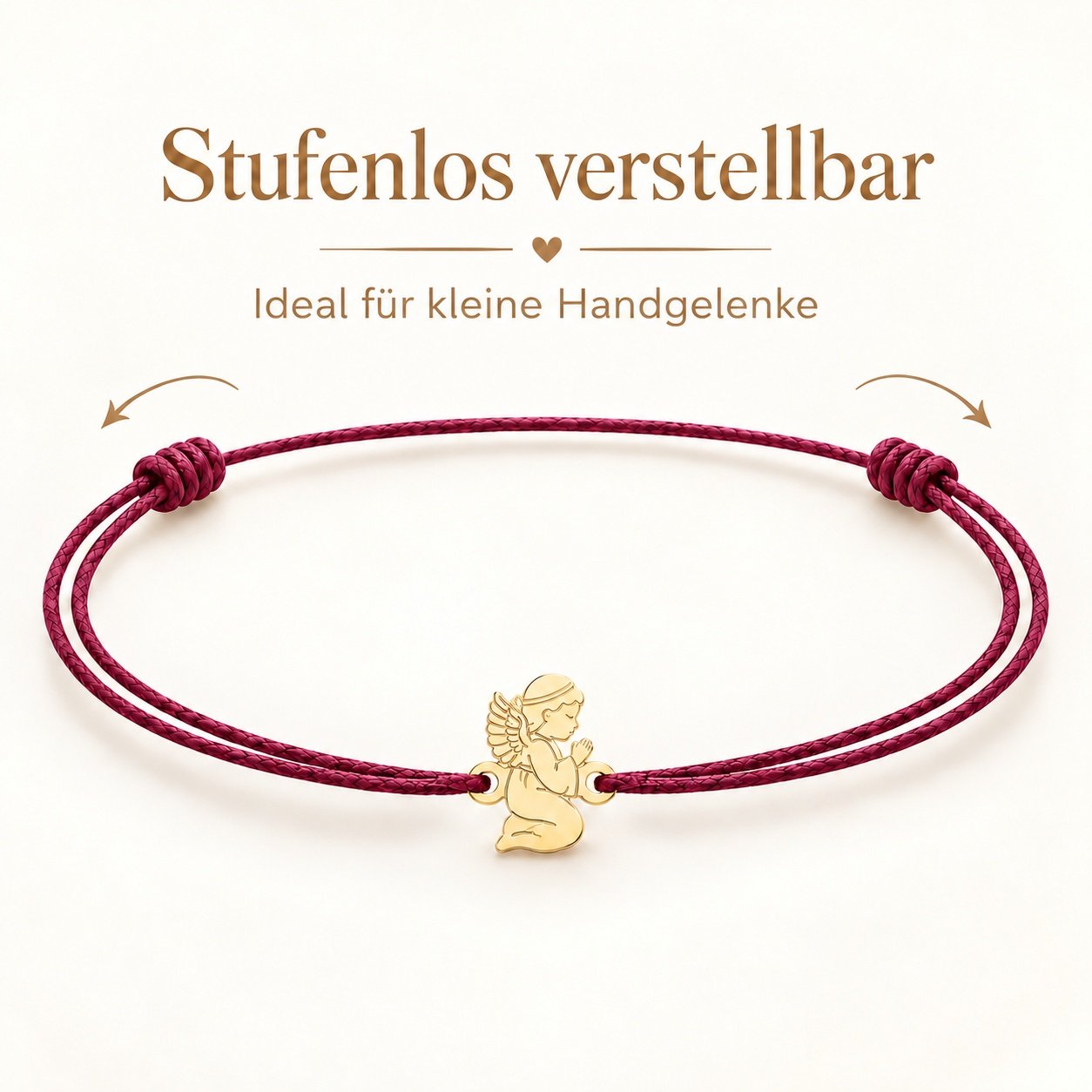 Kinderarmband mit Engel aus Gold, stufenlos verstellbar dank Schiebeknoten, weinrote Kordel