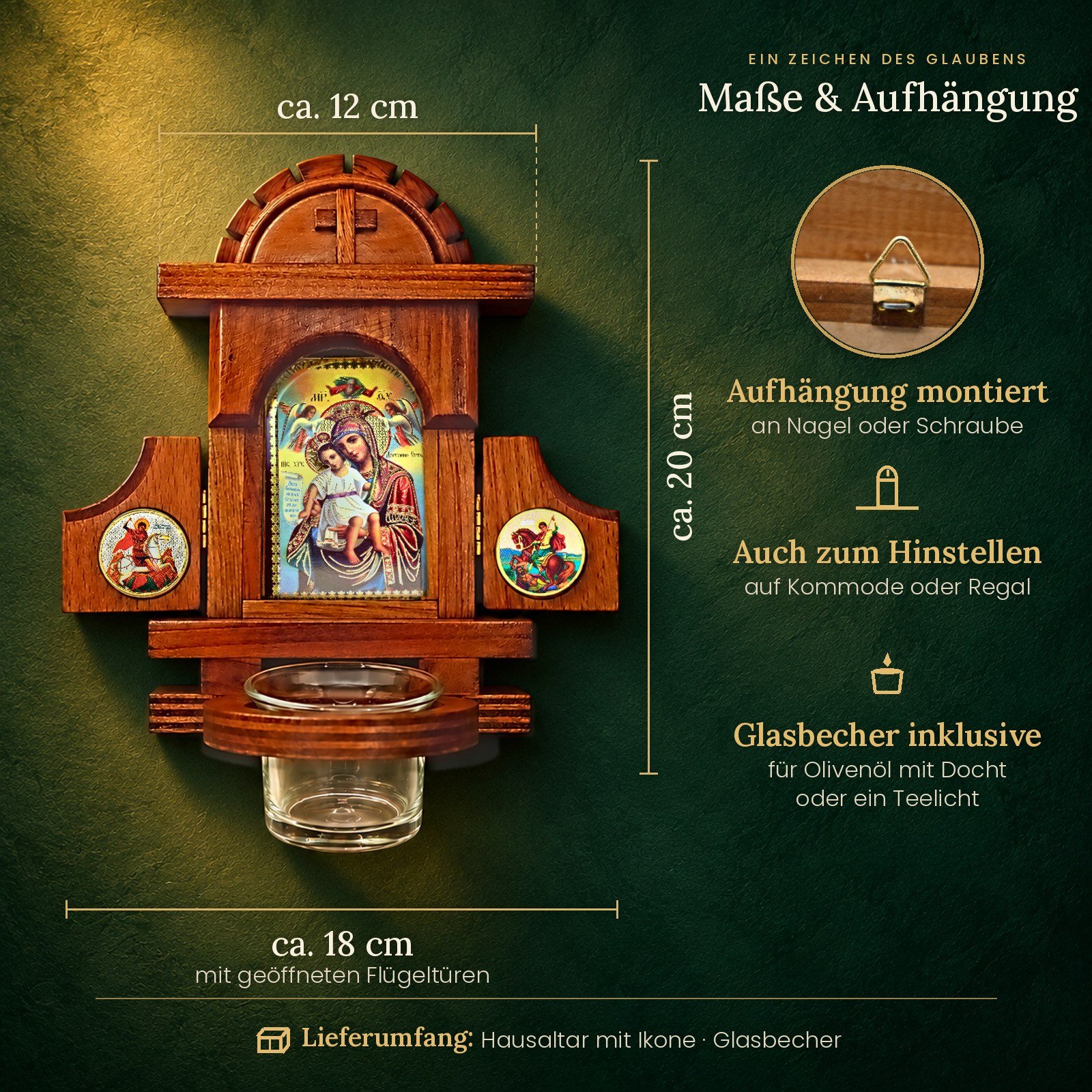 Maße des Hausaltars Axion Estin: ca. 20 cm hoch, 12 cm breit, 18 cm mit geöffneten Flügeltüren, Aufhängung montiert