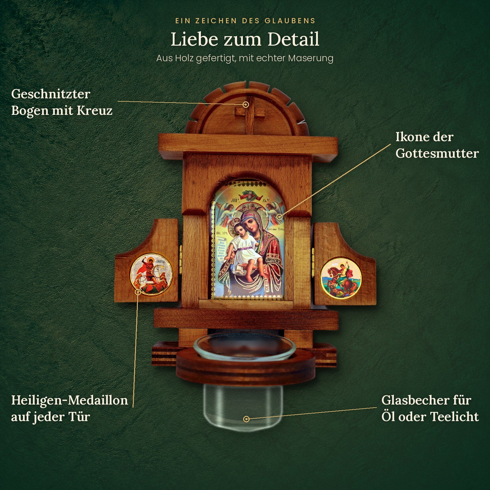 Hausaltar Axion Estin im Detail: Bogen mit Kreuz, Ikone, Heiligen-Medaillons und Glasbecher