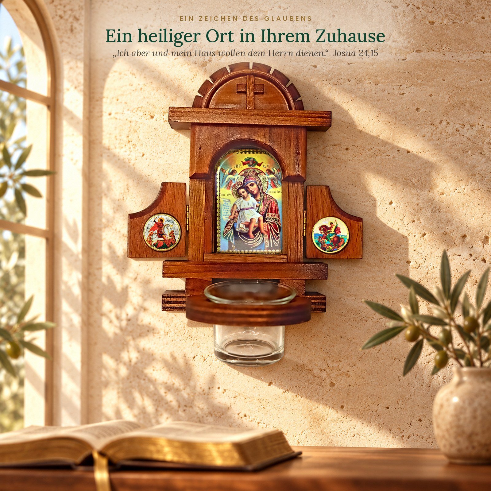 Hausaltar Axion Estin an der Wand einer hellen Gebetsecke mit aufgeschlagener Bibel