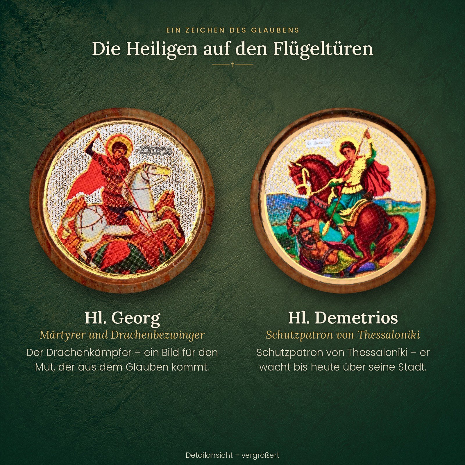 Heiligen-Medaillons auf den Flügeltüren des Hausaltars: Hl. Georg und Hl. Demetrios