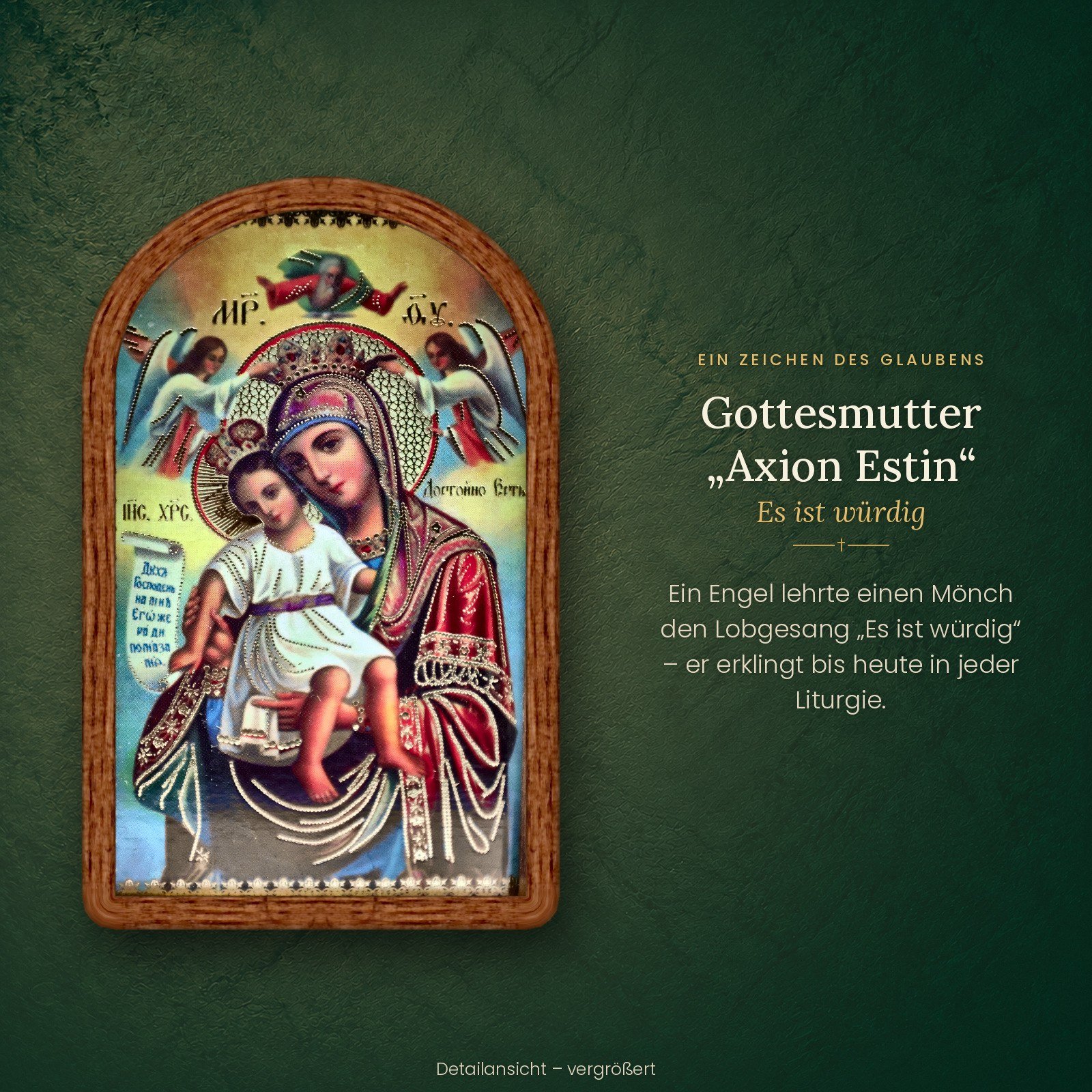 Ikone der Gottesmutter „Axion Estin“ – Es ist würdig, Detailansicht im Holzrahmen