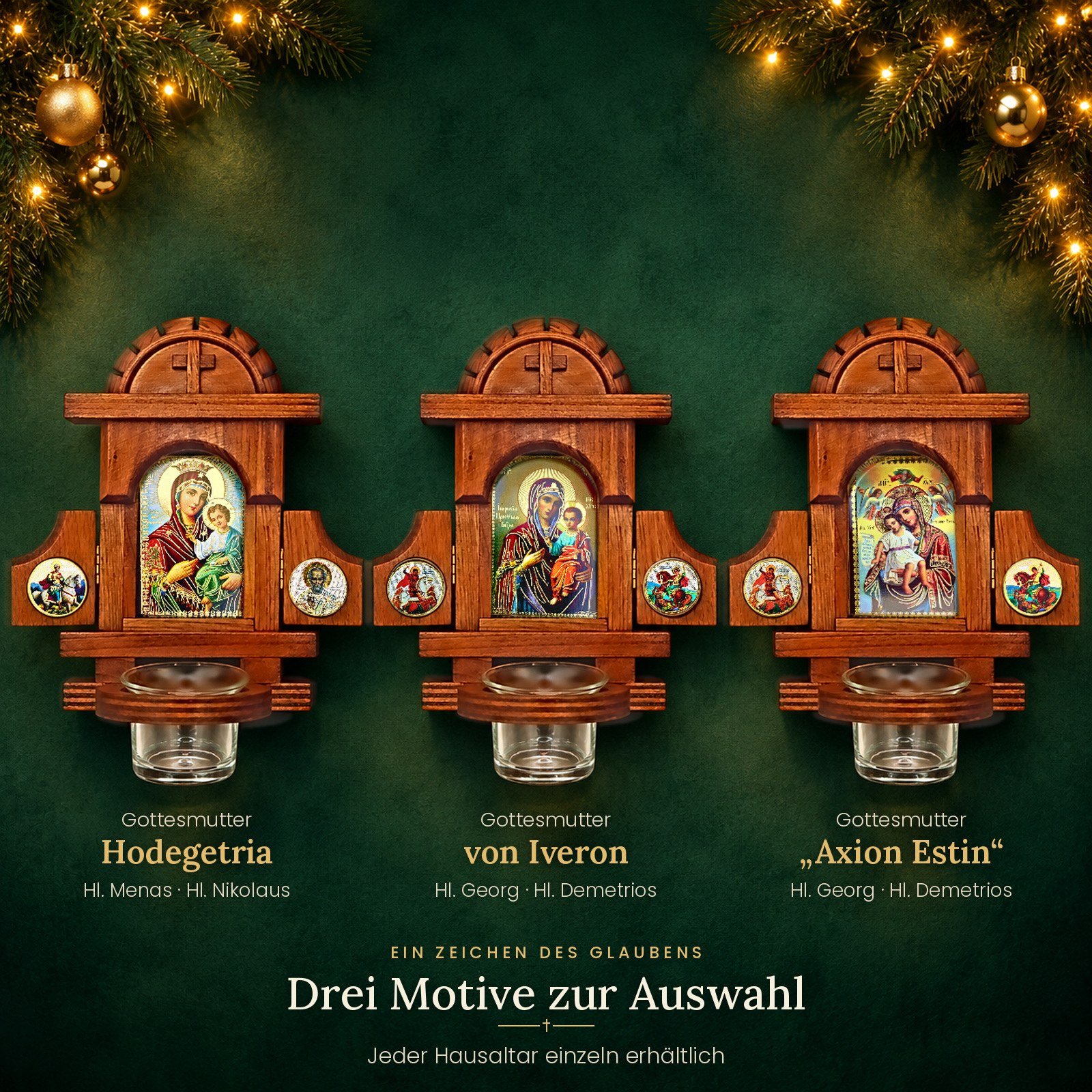 Drei Motive des Hausaltars mit Öllämpchen: Gottesmutter Hodegetria, von Iveron und „Axion Estin“