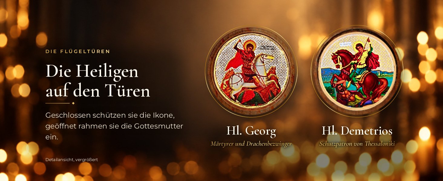 Hausaltar mit Öllämpchen, Gottesmutter „Axion Estin“: Die Heiligen auf den Flügeltüren