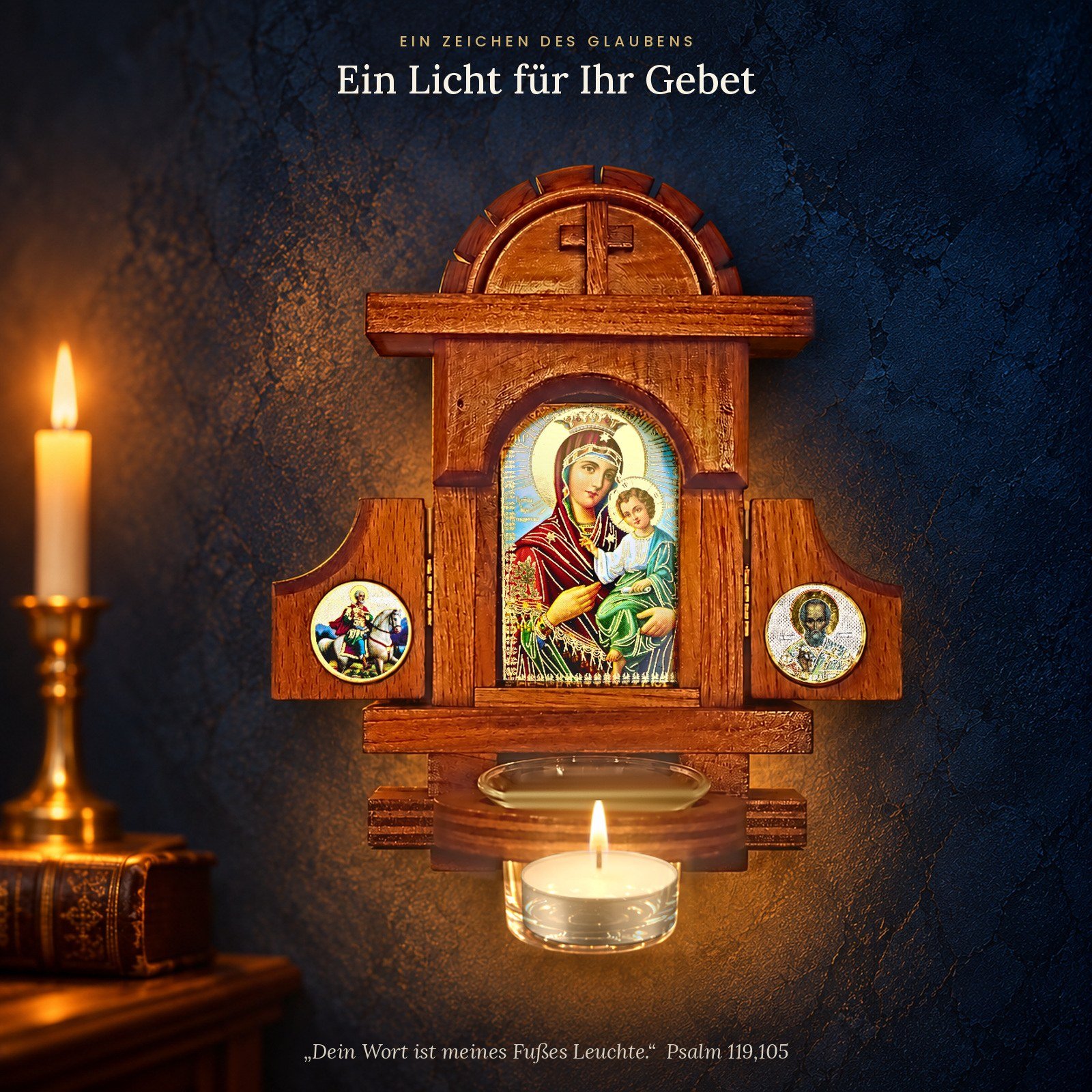 Hausaltar Hodegetria mit brennendem Teelicht im Glasbecher am Abend – ein Licht für Ihr Gebet