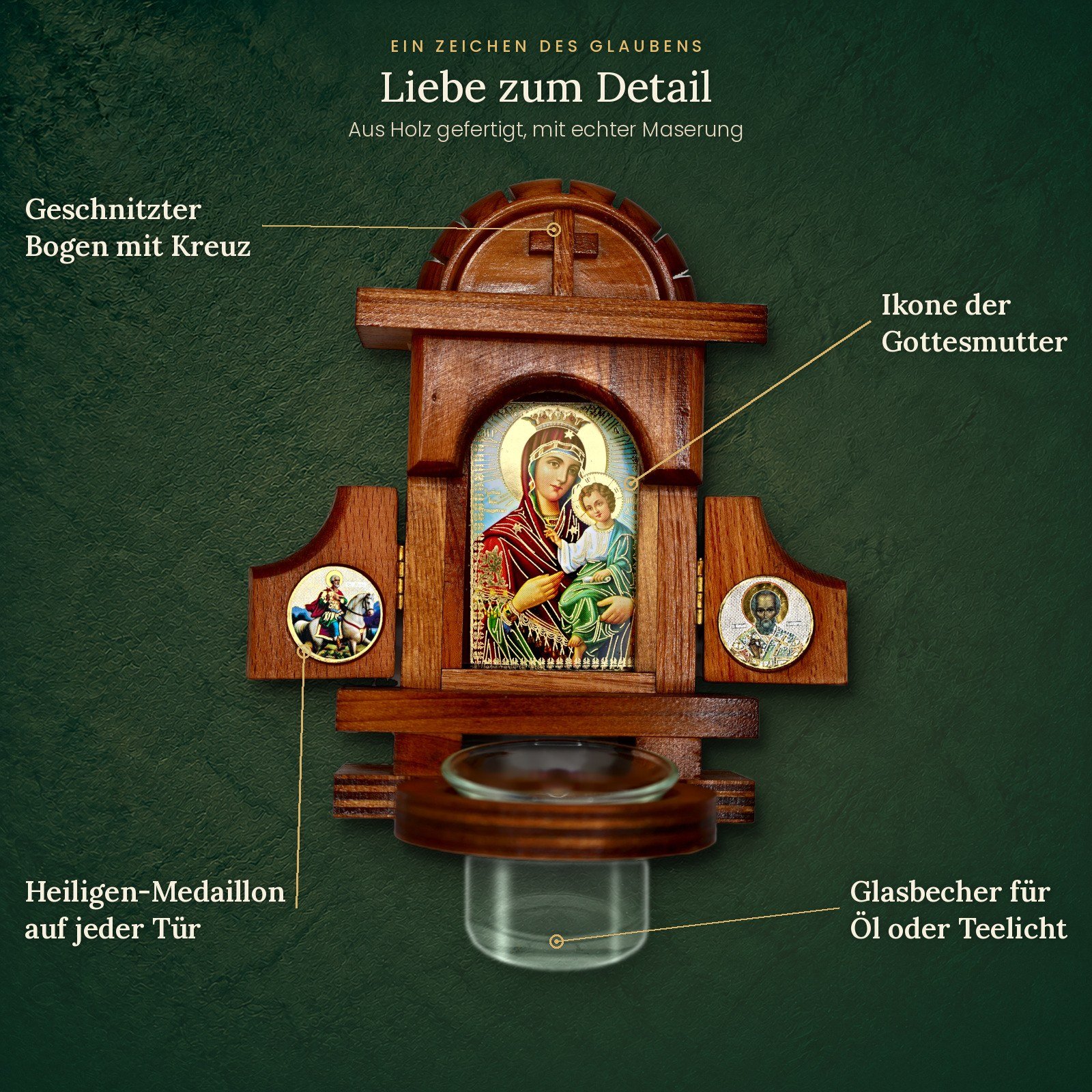 Hausaltar Hodegetria im Detail: Bogen mit Kreuz, Ikone, Heiligen-Medaillons und Glasbecher