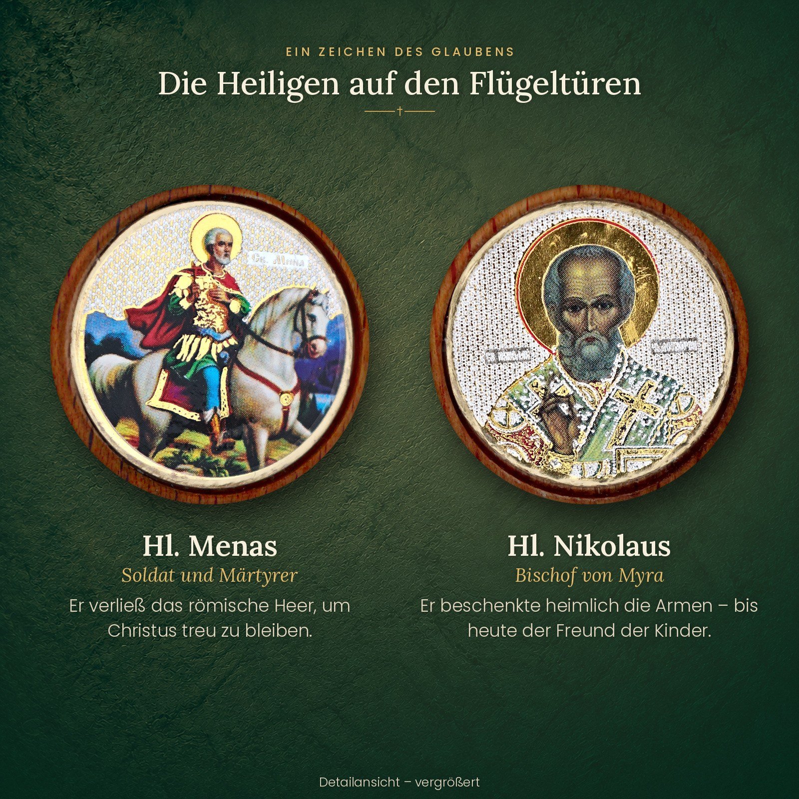 Heiligen-Medaillons auf den Flügeltüren des Hausaltars: Hl. Menas und Hl. Nikolaus
