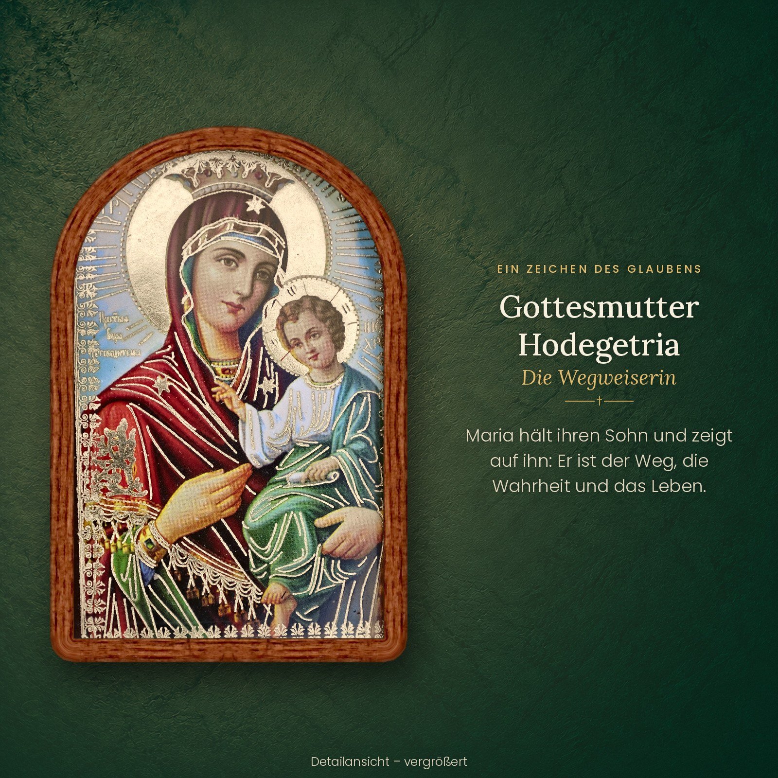 Ikone der Gottesmutter Hodegetria – Die Wegweiserin, Detailansicht im Holzrahmen