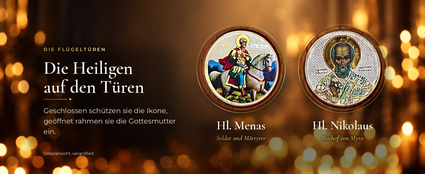Hausaltar mit Öllämpchen, Gottesmutter Hodegetria: Die Heiligen auf den Flügeltüren