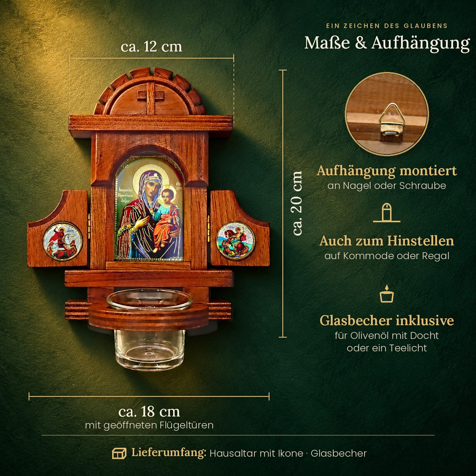 Maße des Hausaltars Iveron: ca. 20 cm hoch, 12 cm breit, 18 cm mit geöffneten Flügeltüren, Aufhängung montiert