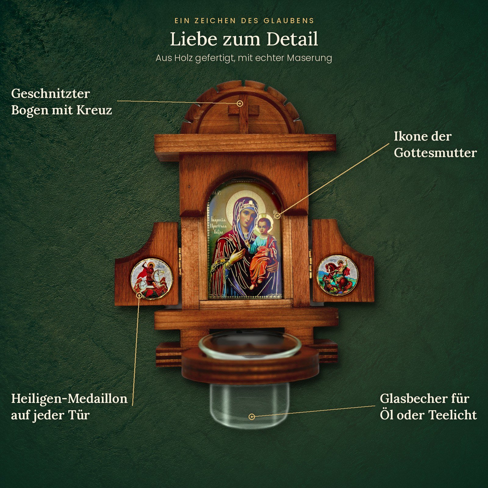 Hausaltar Iveron im Detail: Bogen mit Kreuz, Ikone, Heiligen-Medaillons und Glasbecher