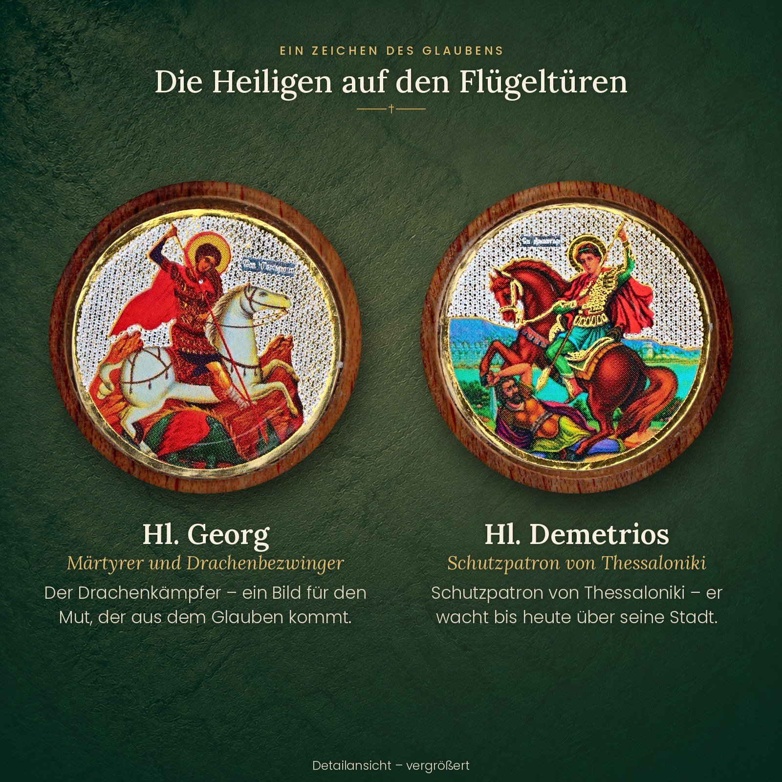 Heiligen-Medaillons auf den Flügeltüren des Hausaltars: Hl. Georg und Hl. Demetrios