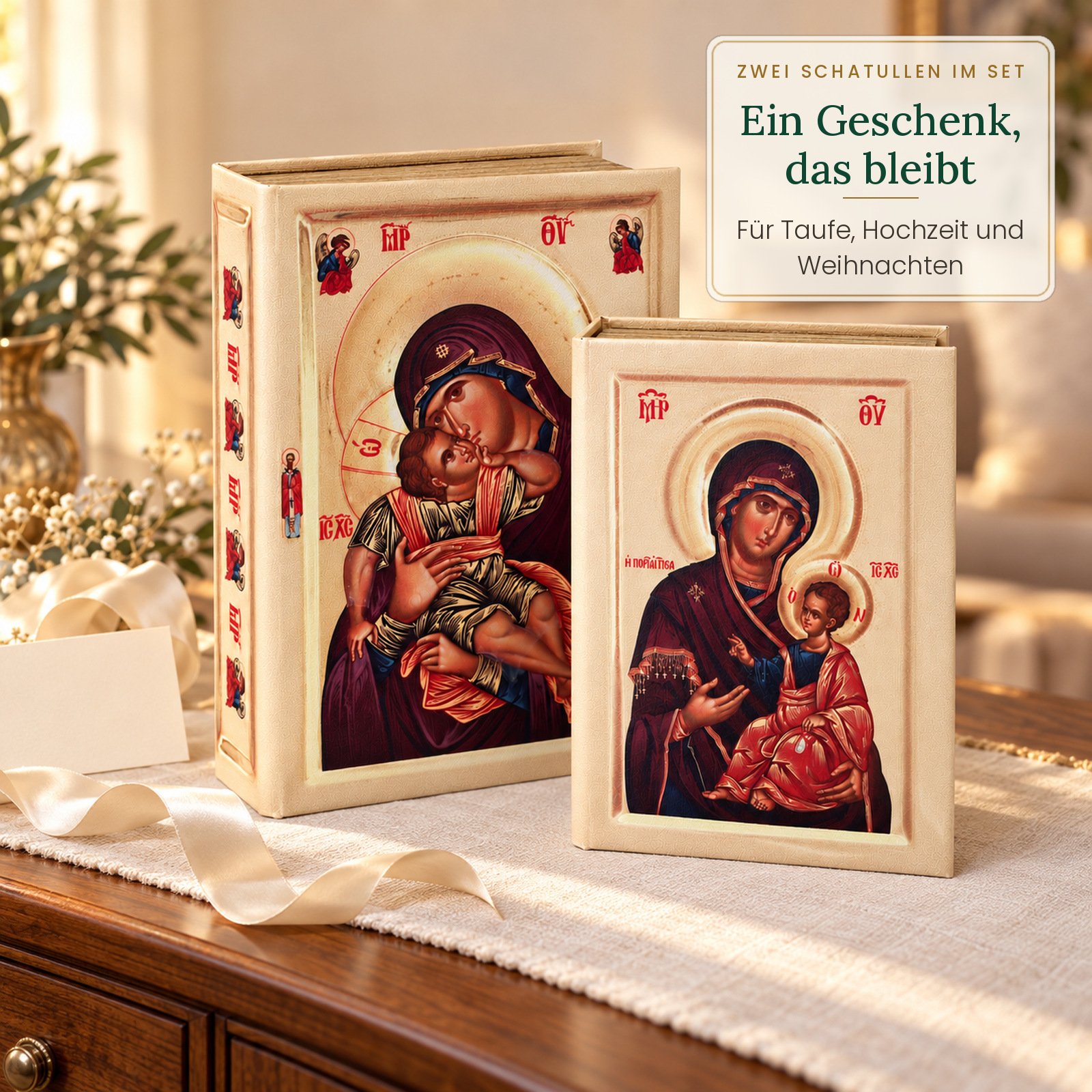 Schatullen-Set mit Ikone der Gottesmutter als Geschenk auf der Kommode