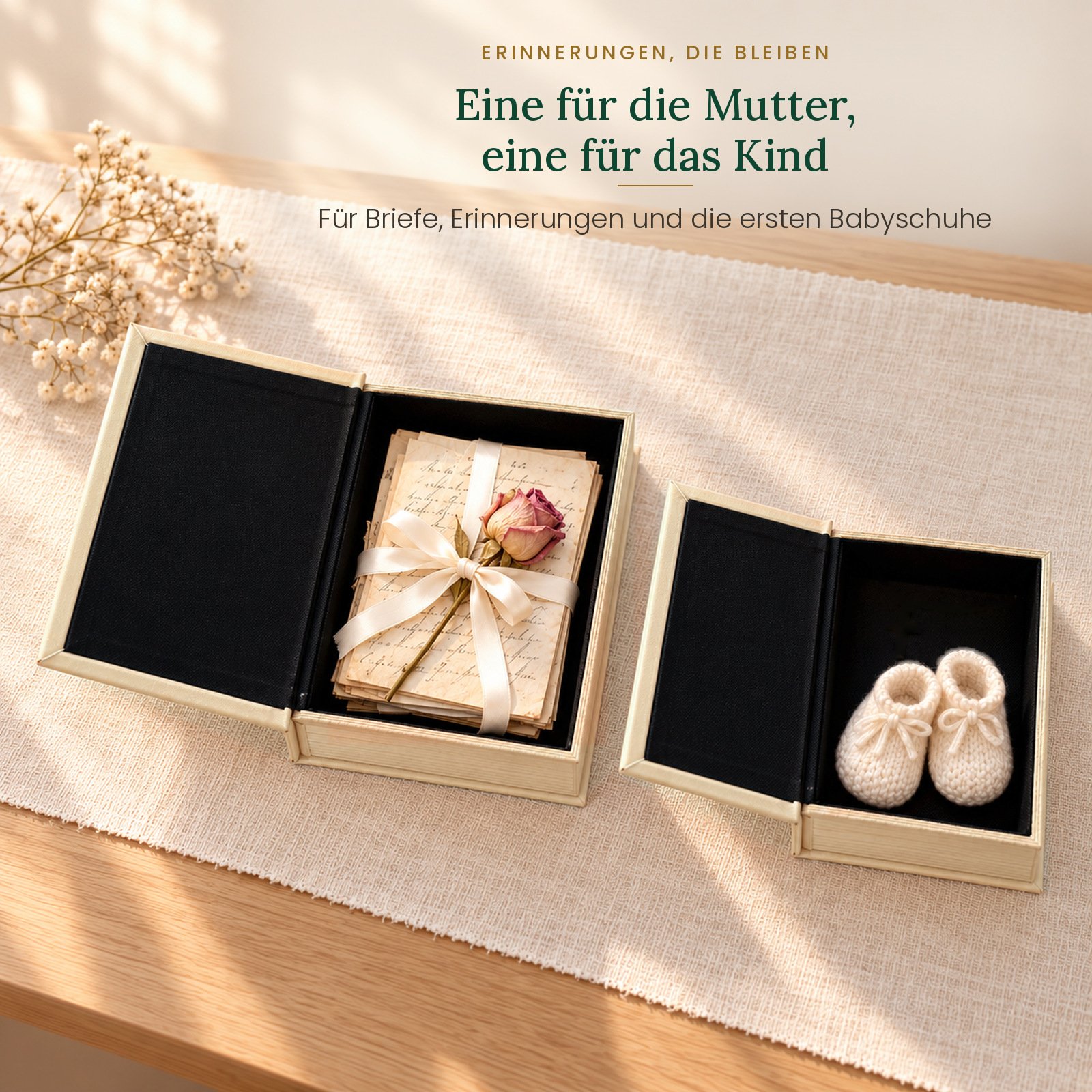 Zwei geöffnete Schatullen mit Briefen, Rose und Babyschuhen – eine für die Mutter, eine für das Kind