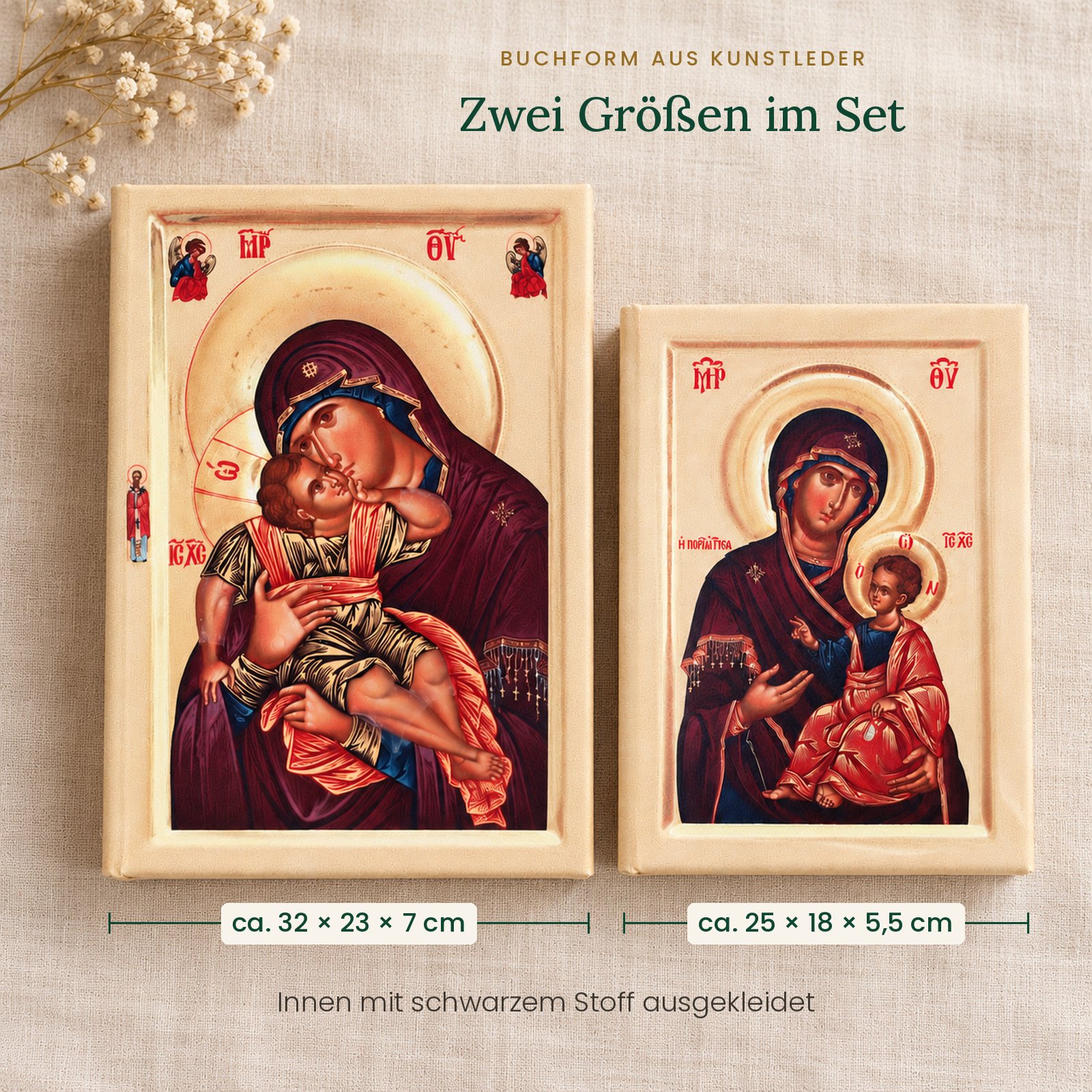 Maße der Ikonen-Schatullen: ca. 32 × 23 × 7 cm und ca. 25 × 18 × 5,5 cm