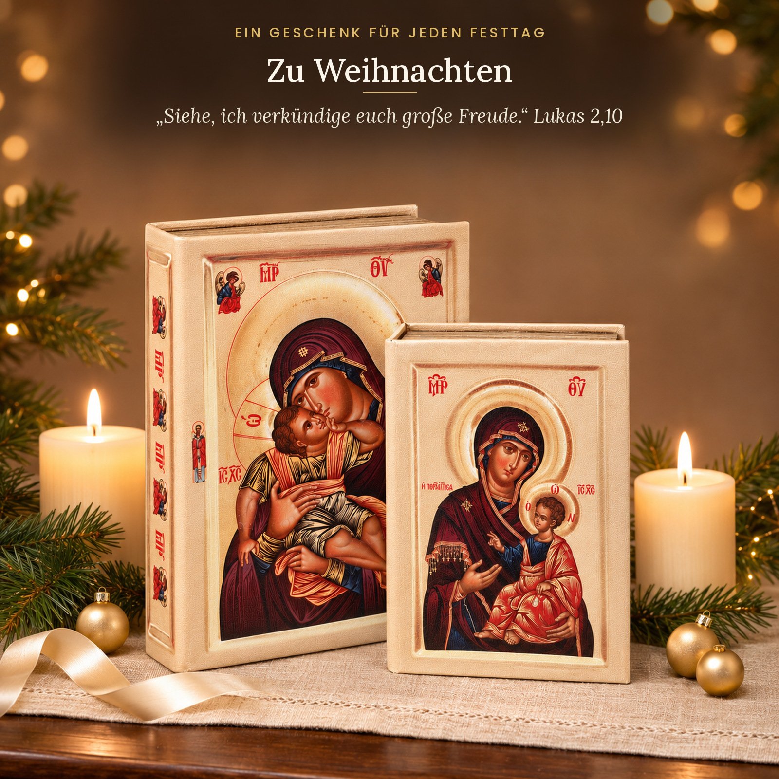 Ikonen-Schatullen in Buchform als Weihnachtsgeschenk mit Kerzen und Tannenzweigen