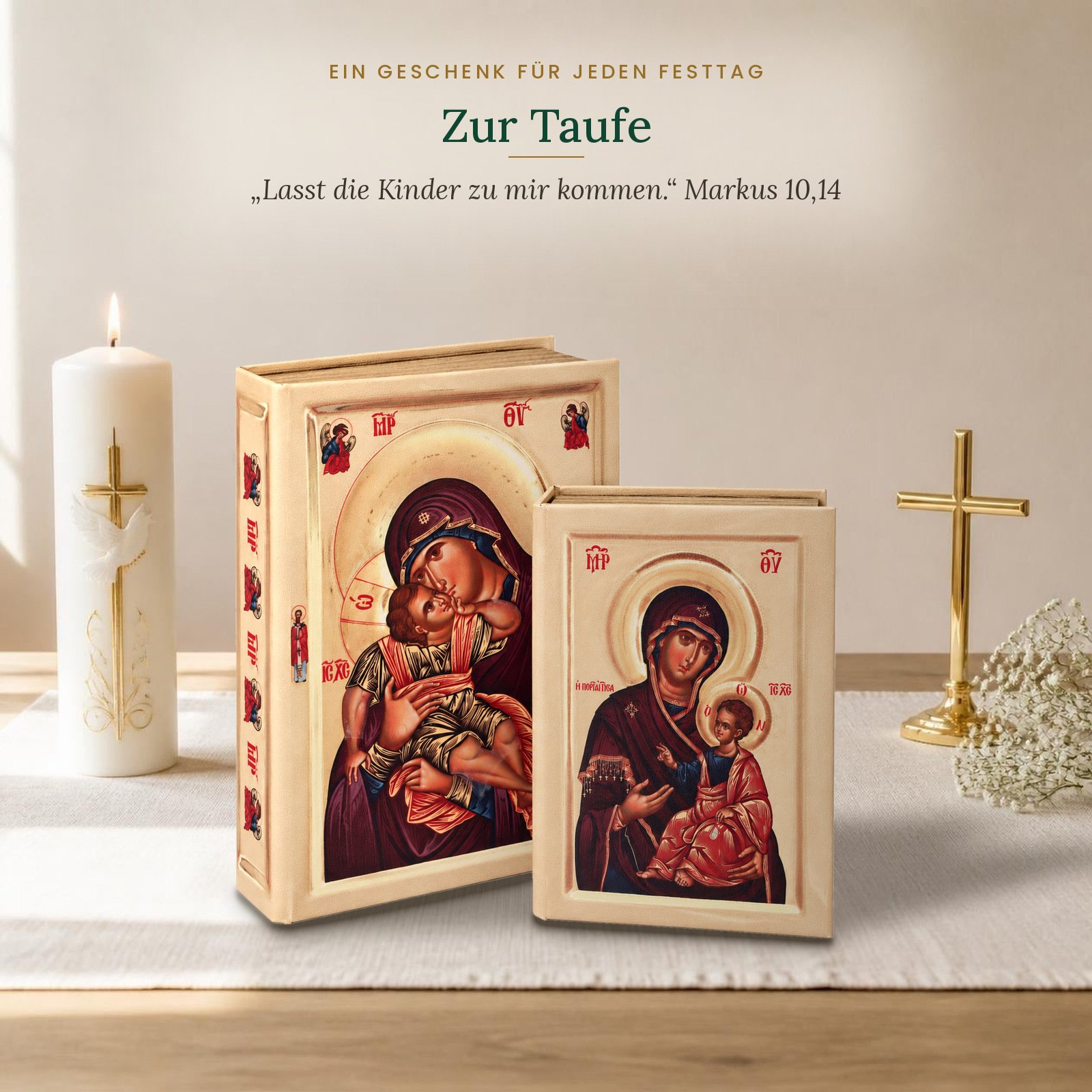 Schatullen-Set mit Gottesmutter-Ikone zur Taufe mit Taufkerze und Kreuz