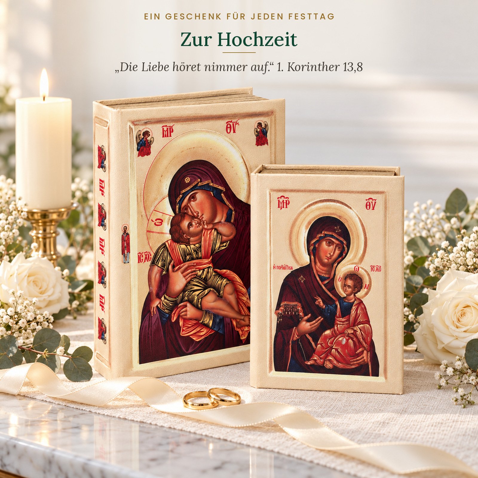 Ikonen-Schatullen als Hochzeitsgeschenk mit weißen Rosen und Eheringen